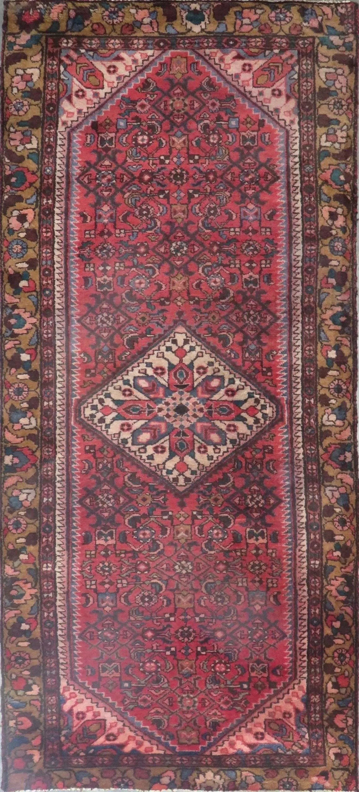 One Of The Kind Hand-Knotted Persian Wool Rug _ Luxurious Vintage Design, 9'8" x 4'3", Artisan: Hand-Knotted Persian Wool Rug _ Luxurious Vintage Design, 9'8" x 4'3", Artisan Crafted, Authentic hand-knotted traditional antique vintage Persian rugs, in excellent vintage condition with over 60 yea