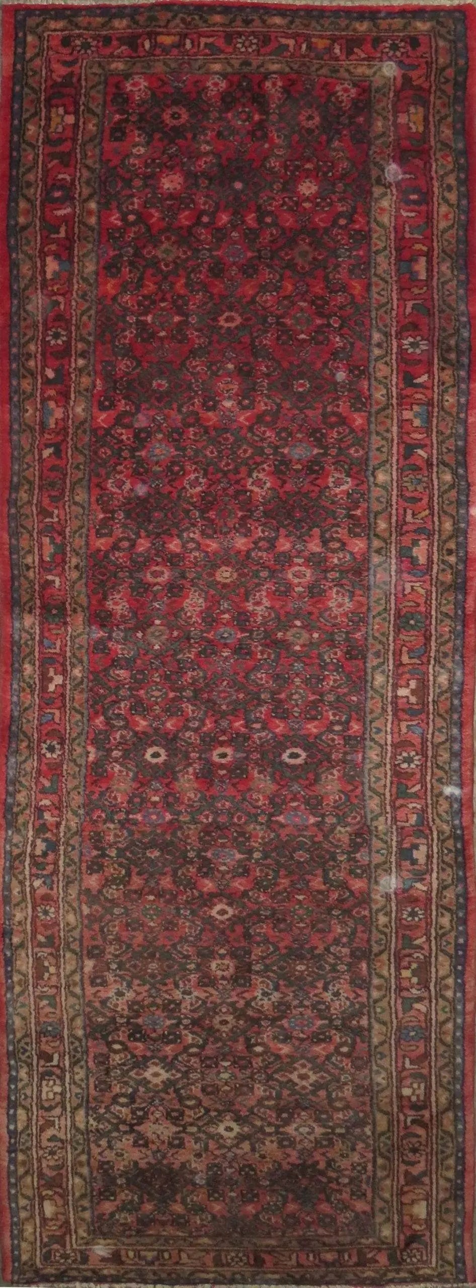 One Of The Kind Hand-Knotted Persian Wool Rug _ Luxurious Vintage Design, 9'7" x 3'4", Artisan: Hand-Knotted Persian Wool Rug _ Luxurious Vintage Design, 9'7" x 3'4", Artisan Crafted, Authentic hand-knotted traditional antique vintage Persian rugs, in excellent vintage condition with over 60 yea