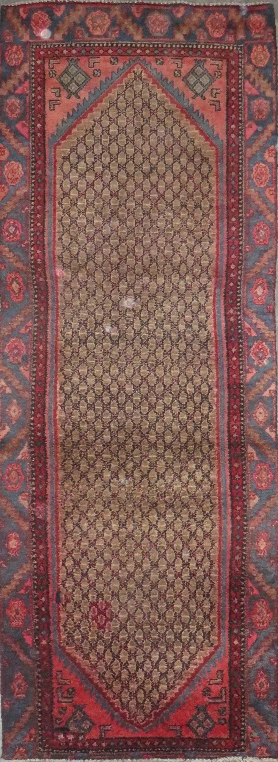 One Of The Kind Hand-Knotted Persian Wool Rug _ Luxurious Vintage Design, 9'0" x 3'1", Artisan: Hand-Knotted Persian Wool Rug _ Luxurious Vintage Design, 9'0" x 3'1", Artisan Crafted, Authentic hand-knotted traditional antique vintage Persian rugs, in excellent vintage condition with over 60 yea