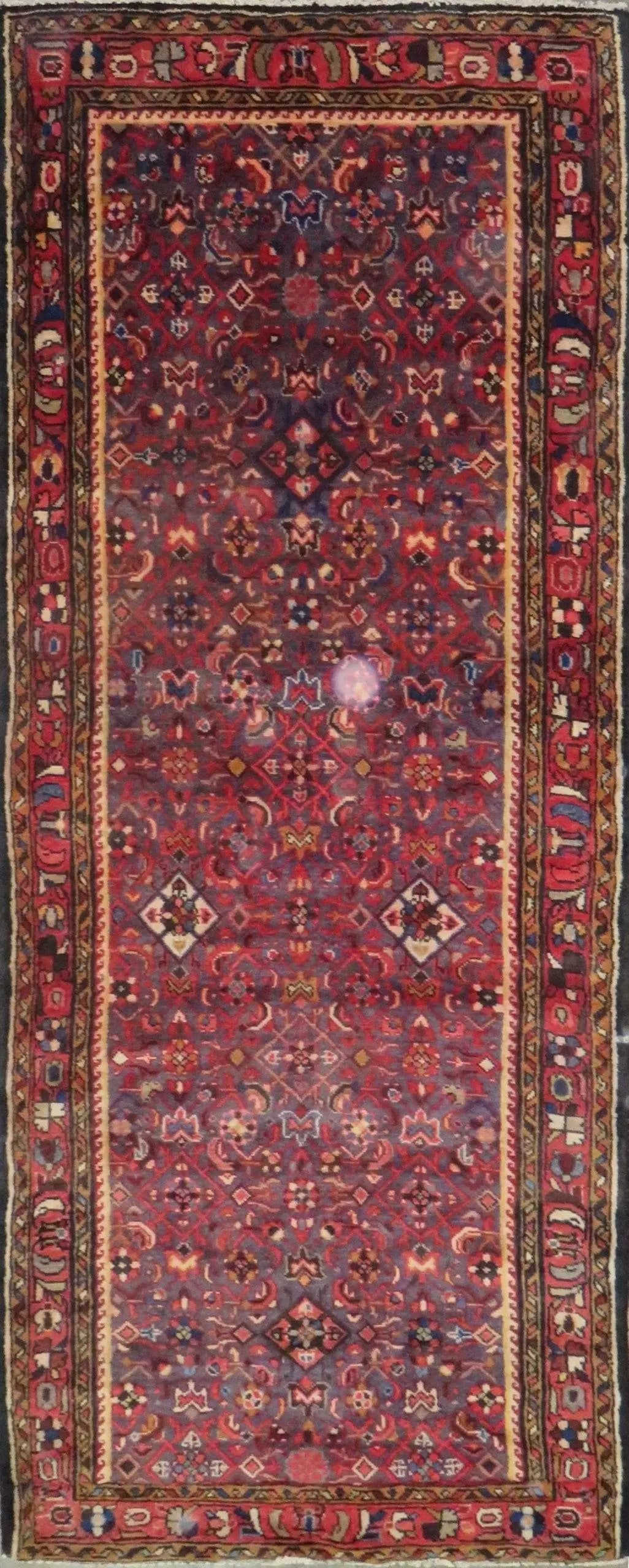 One Of The Kind Hand-Knotted Persian Wool Rug _ Luxurious Vintage Design, 8'8" x 3'6", Artisan: Hand-Knotted Persian Wool Rug _ Luxurious Vintage Design, 8'8" x 3'6", Artisan Crafted, Authentic hand-knotted traditional antique vintage Persian rugs, in excellent vintage condition with over 60 yea