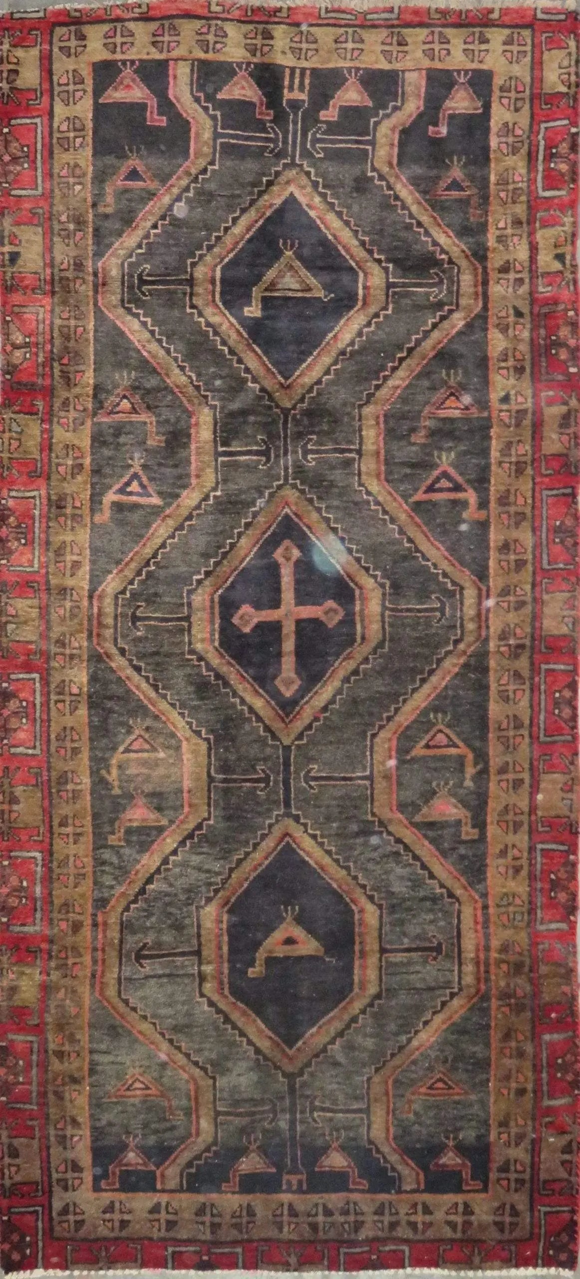 One Of The Kind Hand-Knotted Persian Wool Rug _ Luxurious Vintage Design, 8'3" x 3'7", Artisan: Hand-Knotted Persian Wool Rug _ Luxurious Vintage Design, 8'3" x 3'7", Artisan Crafted, Authentic hand-knotted traditional antique vintage Persian rugs, in excellent vintage condition with over 60 yea