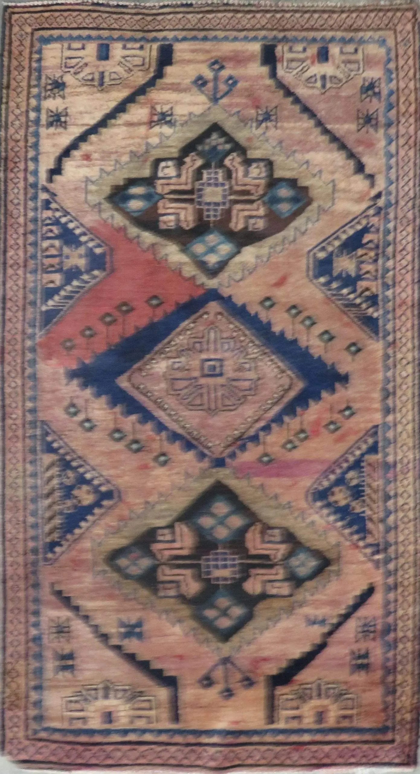 One Of The Kind Hand-Knotted Persian Wool Rug _ Luxurious Vintage Design, 7'1" x 3'8", Artisan