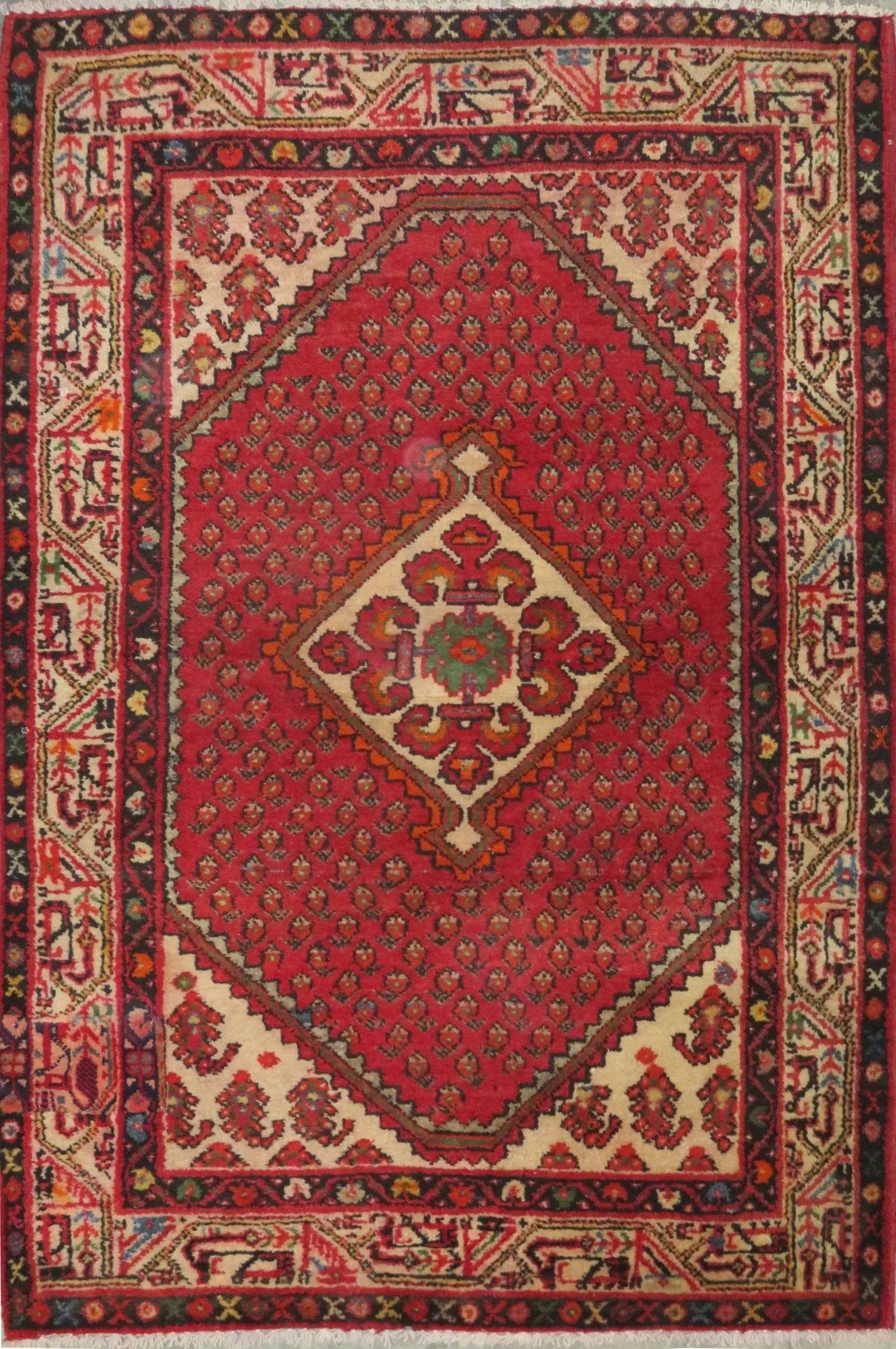 One Of The Kind Hand-Knotted Persian Wool Rug _ Luxurious Vintage Design, 5'1" x 3'4", Artisan: Hand-Knotted Persian Wool Rug _ Luxurious Vintage Design, 5'1" x 3'4", Artisan Crafted, Authentic hand-knotted traditional antique vintage Persian rugs, in excellent vintage condition with over 60 yea