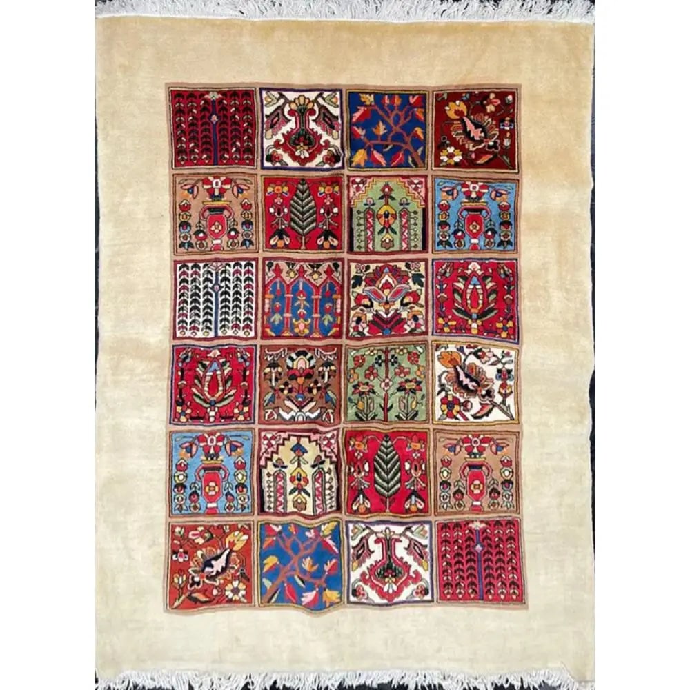 One Of The Kind Persian Bakhtiar Rug#03 Size 215x146 cm: ? One-Of-A-Kind Hand-Woven Persian Bakhtiar RugA Tribal Masterpiece of Durability and Garden Design (Approx. 7'1" x 4'9")DetailDescription