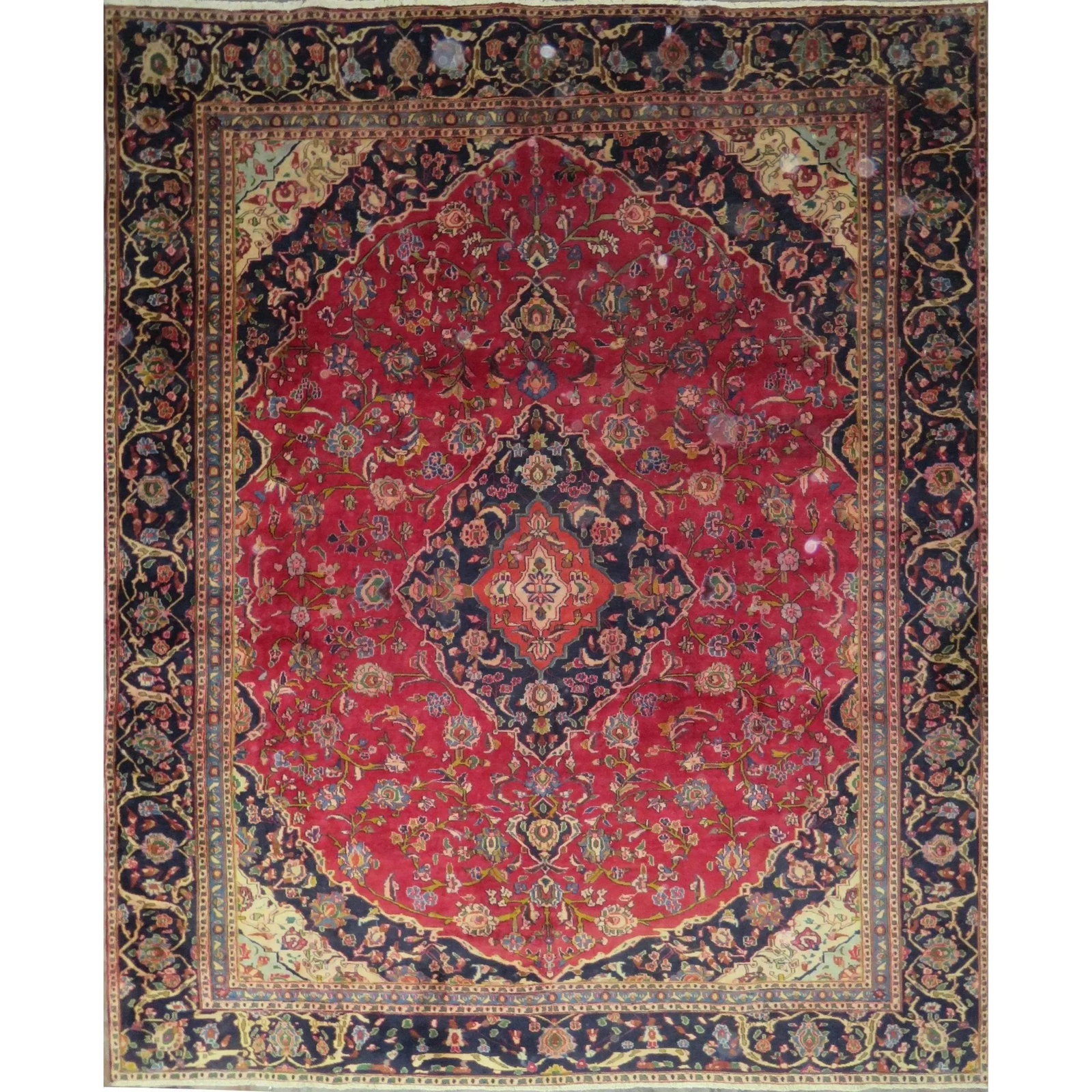 One Of The Kind Hand-Knotted Persian Wool Rug _ Luxurious Vintage Design, 12'8" x 10'1", Artisan: Hand-Knotted Persian Wool Rug _ Luxurious Vintage Design, 12'8" x 10'1", Artisan Crafted, Authentic hand-knotted traditional antique vintage Persian rugs, in excellent vintage condition with over 60 y