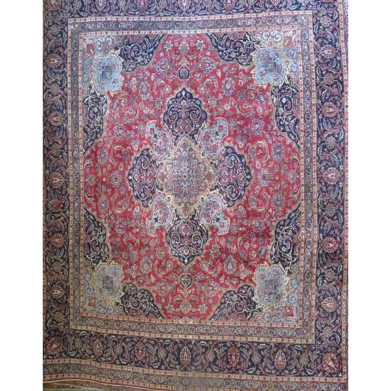 One Of The Kind Hand-Knotted Persian Wool Rug _ Luxurious Vintage Design, 12'2" x 9'2", Artisan: Hand-Knotted Persian Wool Rug _ Luxurious Vintage Design, 12'2" x 9'2", Artisan Crafted, Authentic hand-knotted traditional antique vintage Persian rugs, in excellent vintage condition with over 60 ye