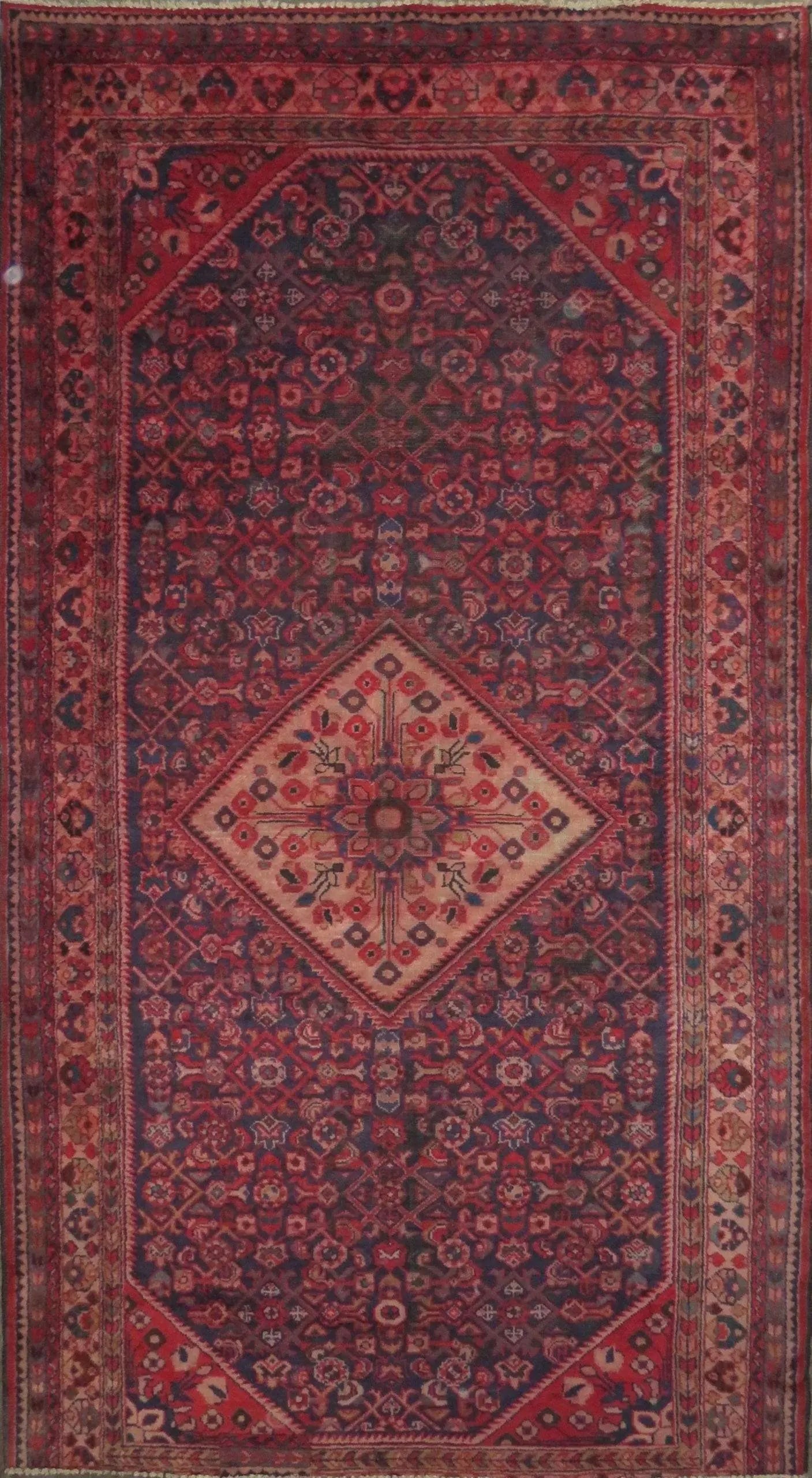 One Of The Kind Hand-Knotted Persian Wool Rug _ Luxurious Vintage Design, 9'9" x 5'0", Artisan: Hand-Knotted Persian Wool Rug _ Luxurious Vintage Design, 9'9" x 5'0", Artisan Crafted, Authentic hand-knotted traditional antique vintage Persian rugs, in excellent vintage condition with over 60 yea
