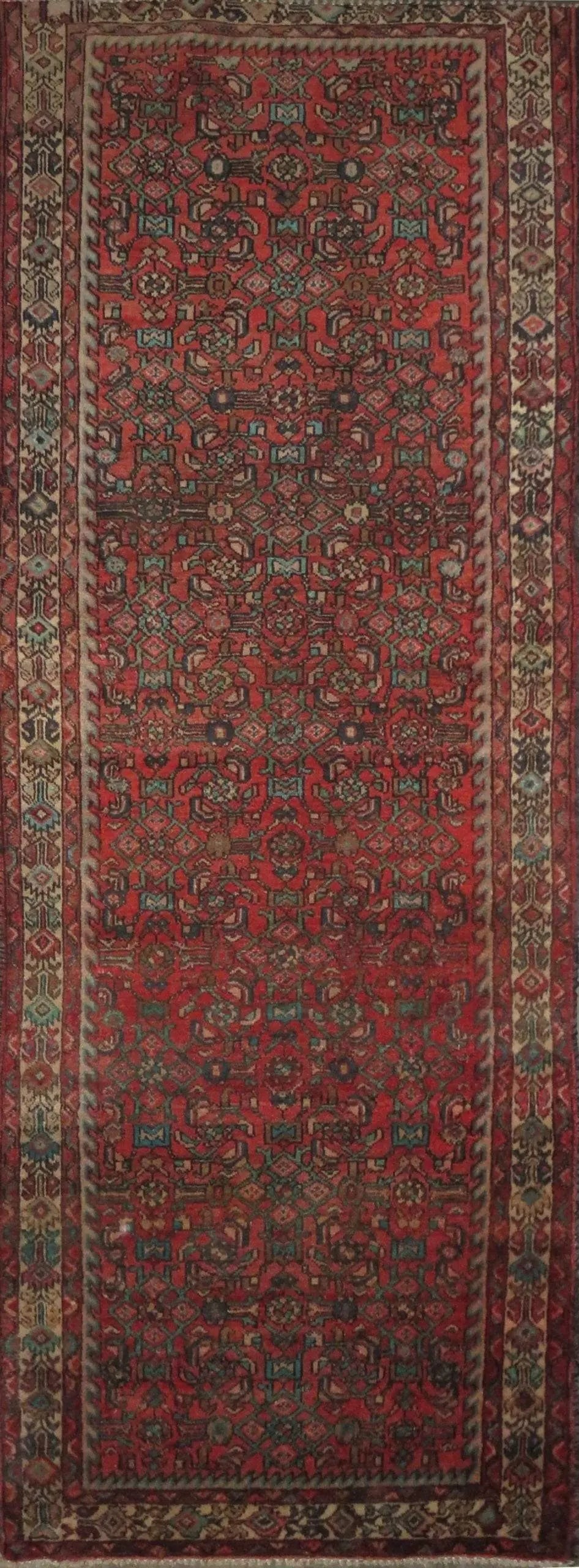 One Of The Kind Hand-Knotted Persian Wool Rug _ Luxurious Vintage Design, 9'7" x 3'5", Artisan: Hand-Knotted Persian Wool Rug _ Luxurious Vintage Design, 9'7" x 3'5", Artisan Crafted, Authentic hand-knotted traditional antique vintage Persian rugs, in excellent vintage condition with over 60 yea