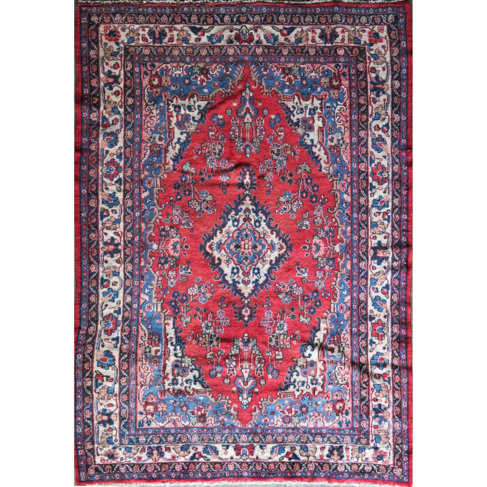 One Of The Kind Hand-Knotted Persian Wool Rug _ Luxurious Vintage Design, 9'6" x 6'7", Artisan: Hand-Knotted Persian Wool Rug _ Luxurious Vintage Design, 9'6" x 6'7", Artisan Crafted, Authentic hand-knotted traditional antique vintage Persian rugs, in excellent vintage condition with over 60 yea