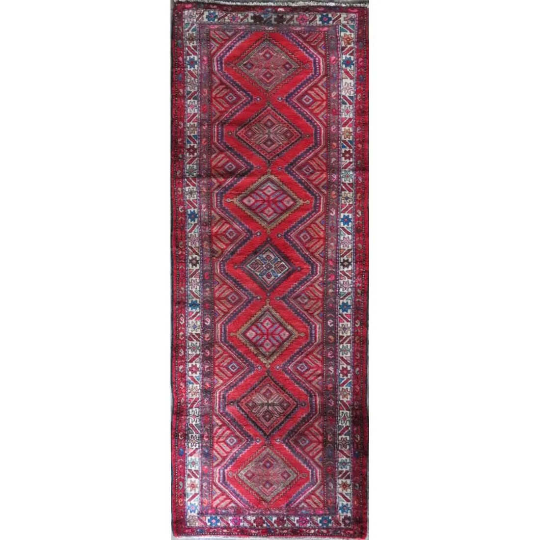 One Of The Kind Hand-Knotted Persian Wool Rug _ Luxurious Vintage Design, 9'6" x 3'4", Artisan: Hand-Knotted Persian Wool Rug _ Luxurious Vintage Design, 9'6" x 3'4", Artisan Crafted, Authentic hand-knotted traditional antique vintage Persian rugs, in excellent vintage condition with over 60 yea