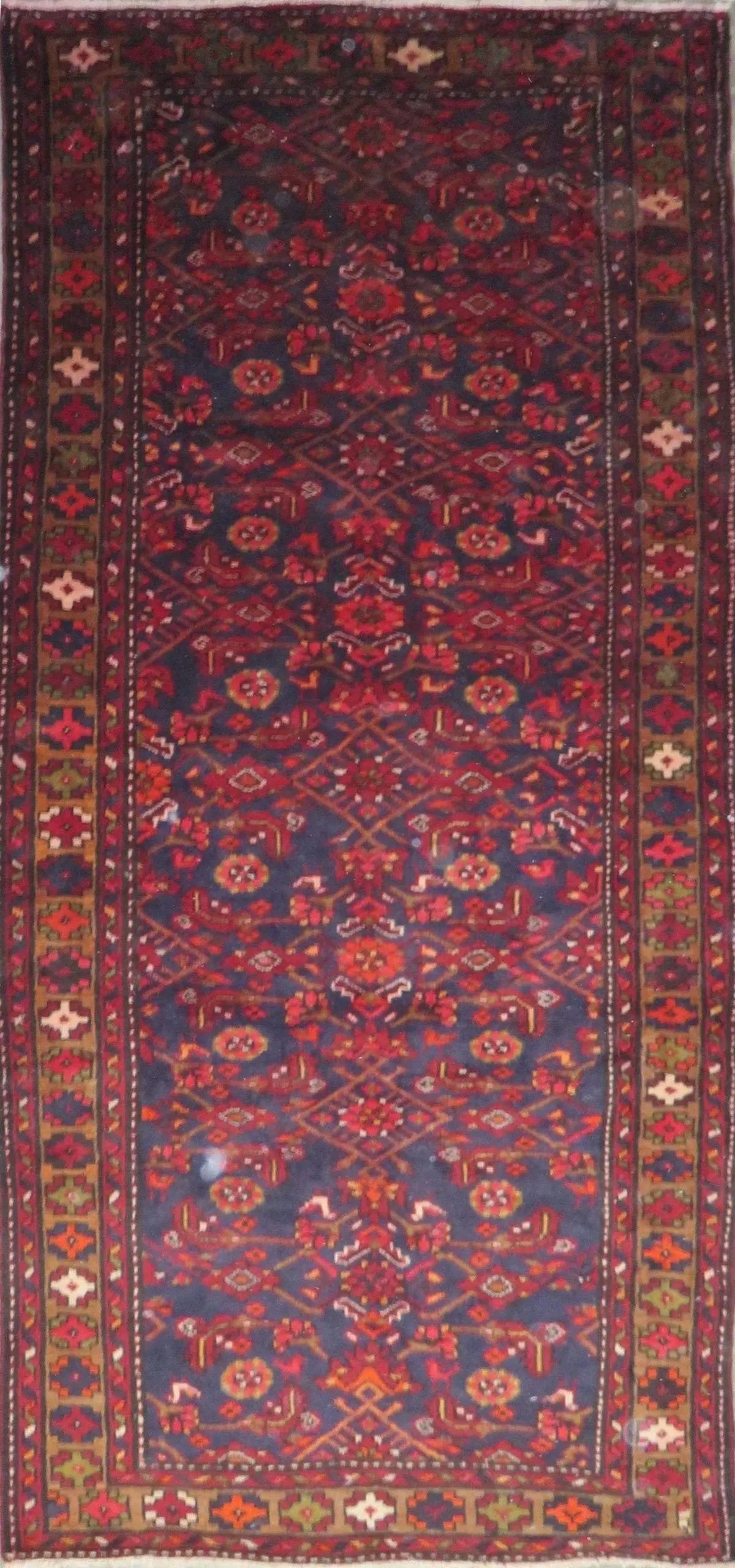 One Of The Kind Hand-Knotted Persian Wool Rug _ Luxurious Vintage Design, 9'5" x 4'4", Artisan: Hand-Knotted Persian Wool Rug _ Luxurious Vintage Design, 9'5" x 4'4", Artisan Crafted, Authentic hand-knotted traditional antique vintage Persian rugs, in excellent vintage condition with over 60 yea
