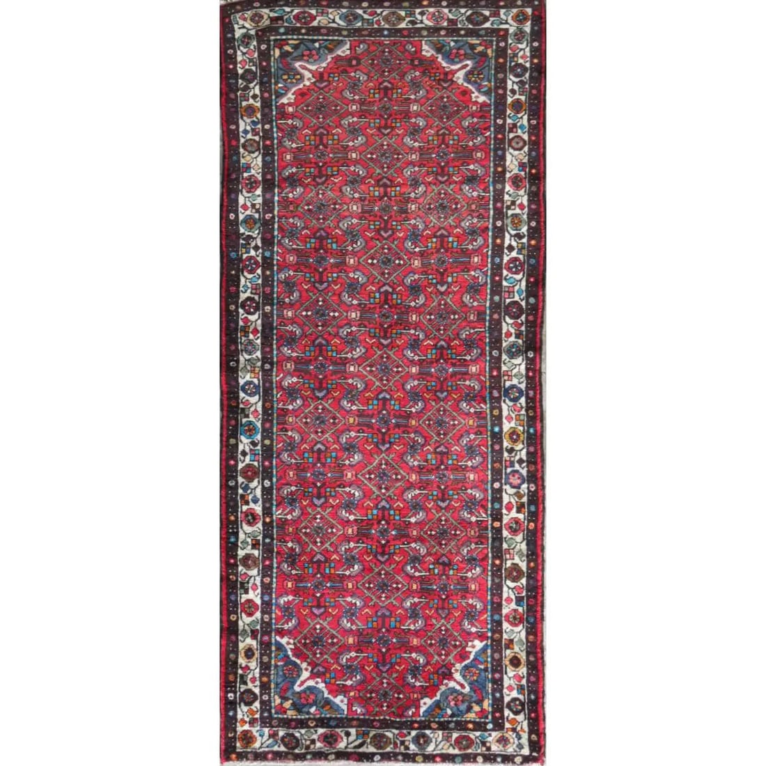 One Of The Kind Hand-Knotted Persian Wool Rug _ Luxurious Vintage Design, 9'4" x 3'7", Artisan: Hand-Knotted Persian Wool Rug _ Luxurious Vintage Design, 9'4" x 3'7", Artisan Crafted, Authentic hand-knotted traditional antique vintage Persian rugs, in excellent vintage condition with over 60 yea