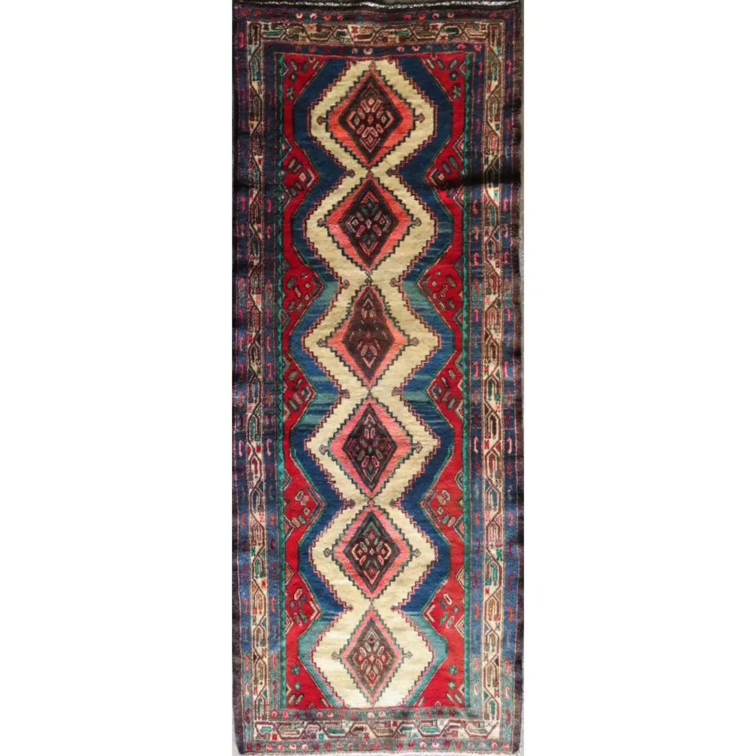 One Of The Kind Hand-Knotted Persian Wool Rug _ Luxurious Vintage Design, 9'4" x 3'5", Artisan: Hand-Knotted Persian Wool Rug _ Luxurious Vintage Design, 9'4" x 3'5", Artisan Crafted, Authentic hand-knotted traditional antique vintage Persian rugs, in excellent vintage condition with over 60 yea