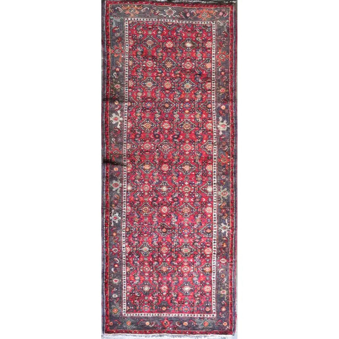 One Of The Kind Hand-Knotted Persian Wool Rug _ Luxurious Vintage Design, 9'4" x 3'5", Artisan: Hand-Knotted Persian Wool Rug _ Luxurious Vintage Design, 9'4" x 3'5", Artisan Crafted, Authentic hand-knotted traditional antique vintage Persian rugs, in excellent vintage condition with over 60 yea