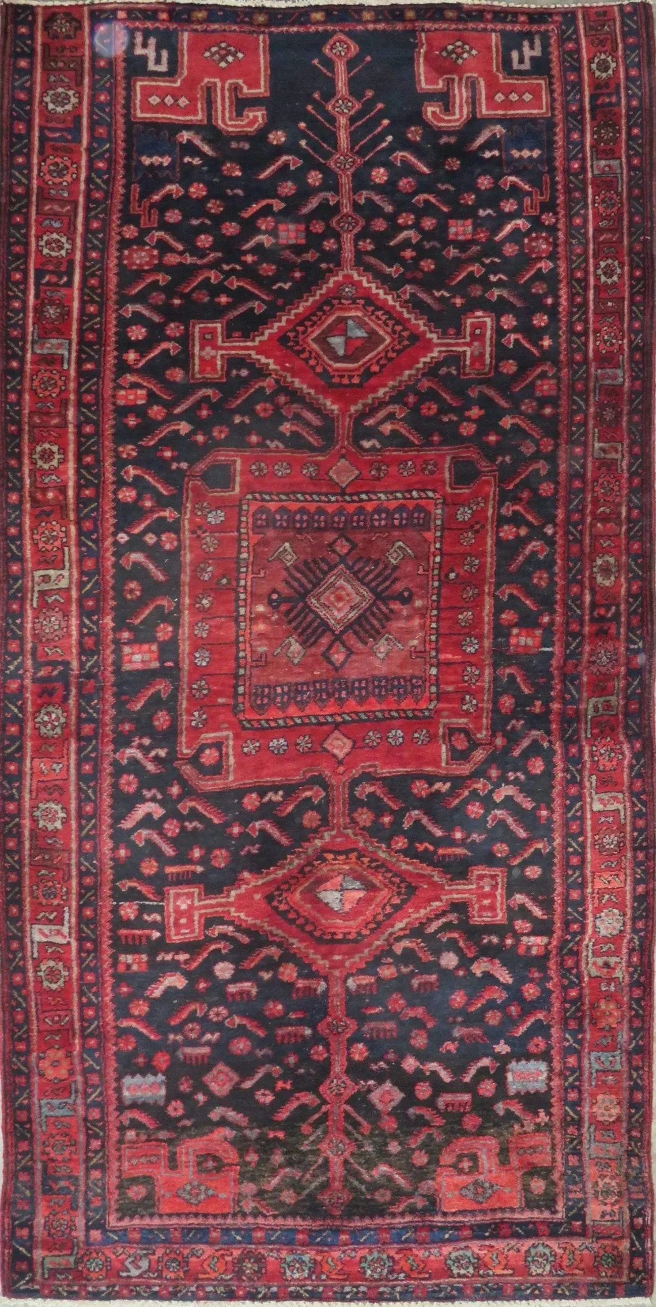 One Of The Kind Hand-Knotted Persian Wool Rug _ Luxurious Vintage Design, 9'3" x 4'7", Artisan: Hand-Knotted Persian Wool Rug _ Luxurious Vintage Design, 9'3" x 4'7", Artisan Crafted, Authentic hand-knotted traditional antique vintage Persian rugs, in excellent vintage condition with over 60 yea
