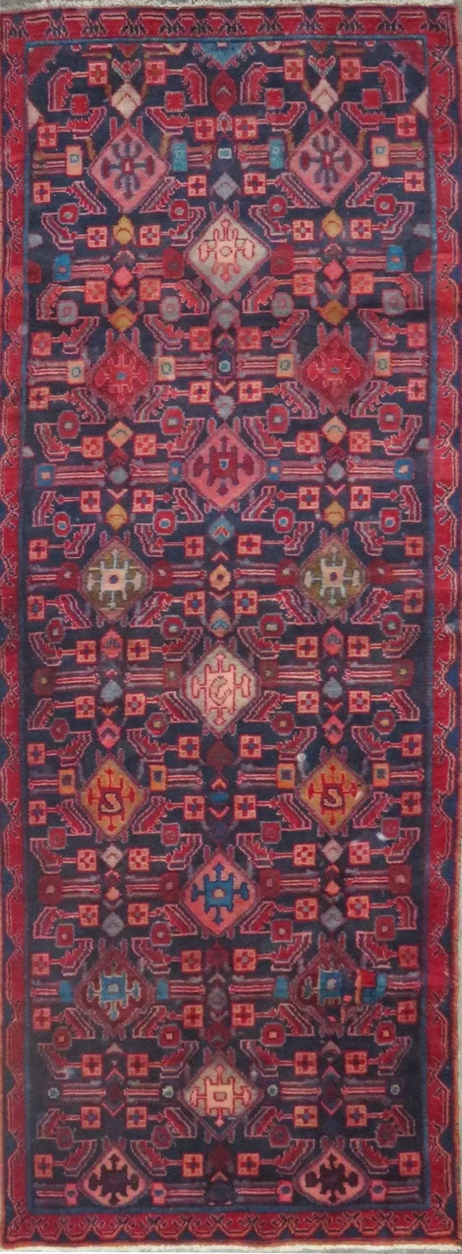 One Of The Kind Hand-Knotted Persian Wool Rug _ Luxurious Vintage Design, 9'3" x 3'3", Artisan: Hand-Knotted Persian Wool Rug _ Luxurious Vintage Design, 9'3" x 3'3", Artisan Crafted, Authentic hand-knotted traditional antique vintage Persian rugs, in excellent vintage condition with over 60 yea