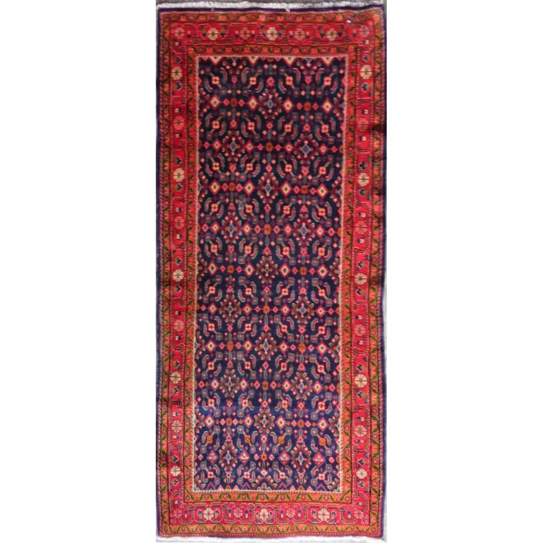 One Of The Kind Hand-Knotted Persian Wool Rug _ Luxurious Vintage Design, 9'10" x 4'2", Artisan: Hand-Knotted Persian Wool Rug _ Luxurious Vintage Design, 9'10" x 4'2", Artisan Crafted, Authentic hand-knotted traditional antique vintage Persian rugs, in excellent vintage condition with over 60 ye