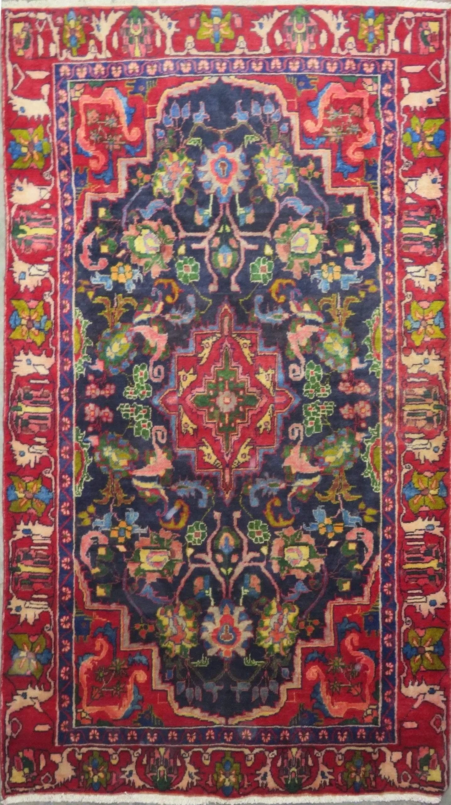 One Of The Kind Hand-Knotted Persian Wool Rug _ Luxurious Vintage Design, 8'9" x 5'2", Artisan: Hand-Knotted Persian Wool Rug _ Luxurious Vintage Design, 8'9" x 5'2", Artisan Crafted, Authentic hand-knotted traditional antique vintage Persian rugs, in excellent vintage condition with over 60 yea