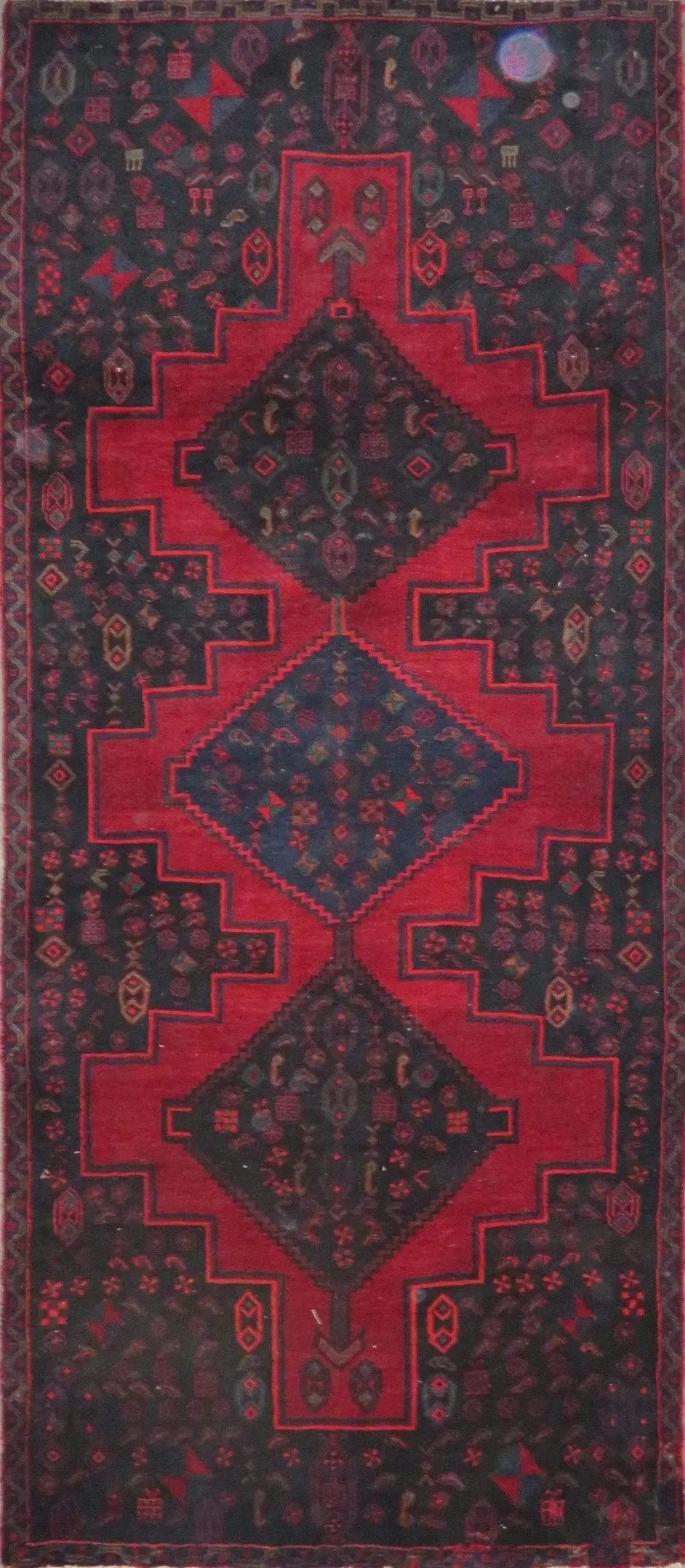 One Of The Kind Hand-Knotted Persian Wool Rug _ Luxurious Vintage Design, 8'8" x 3'7", Artisan: Hand-Knotted Persian Wool Rug _ Luxurious Vintage Design, 8'8" x 3'7", Artisan Crafted, Authentic hand-knotted traditional antique vintage Persian rugs, in excellent vintage condition with over 60 yea