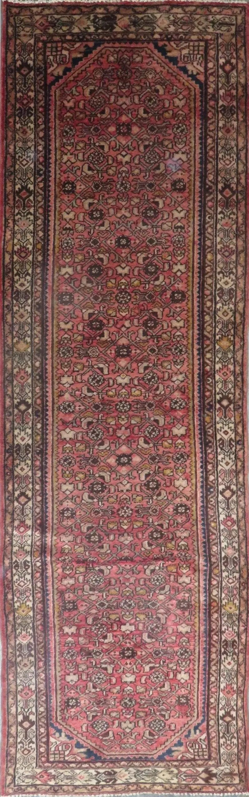 One Of The Kind Hand-Knotted Persian Wool Rug _ Luxurious Vintage Design, 8'8" x 3'7", Artisan: Hand-Knotted Persian Wool Rug _ Luxurious Vintage Design, 8'8" x 3'7", Artisan Crafted, Authentic hand-knotted traditional antique vintage Persian rugs, in excellent vintage condition with over 60 yea