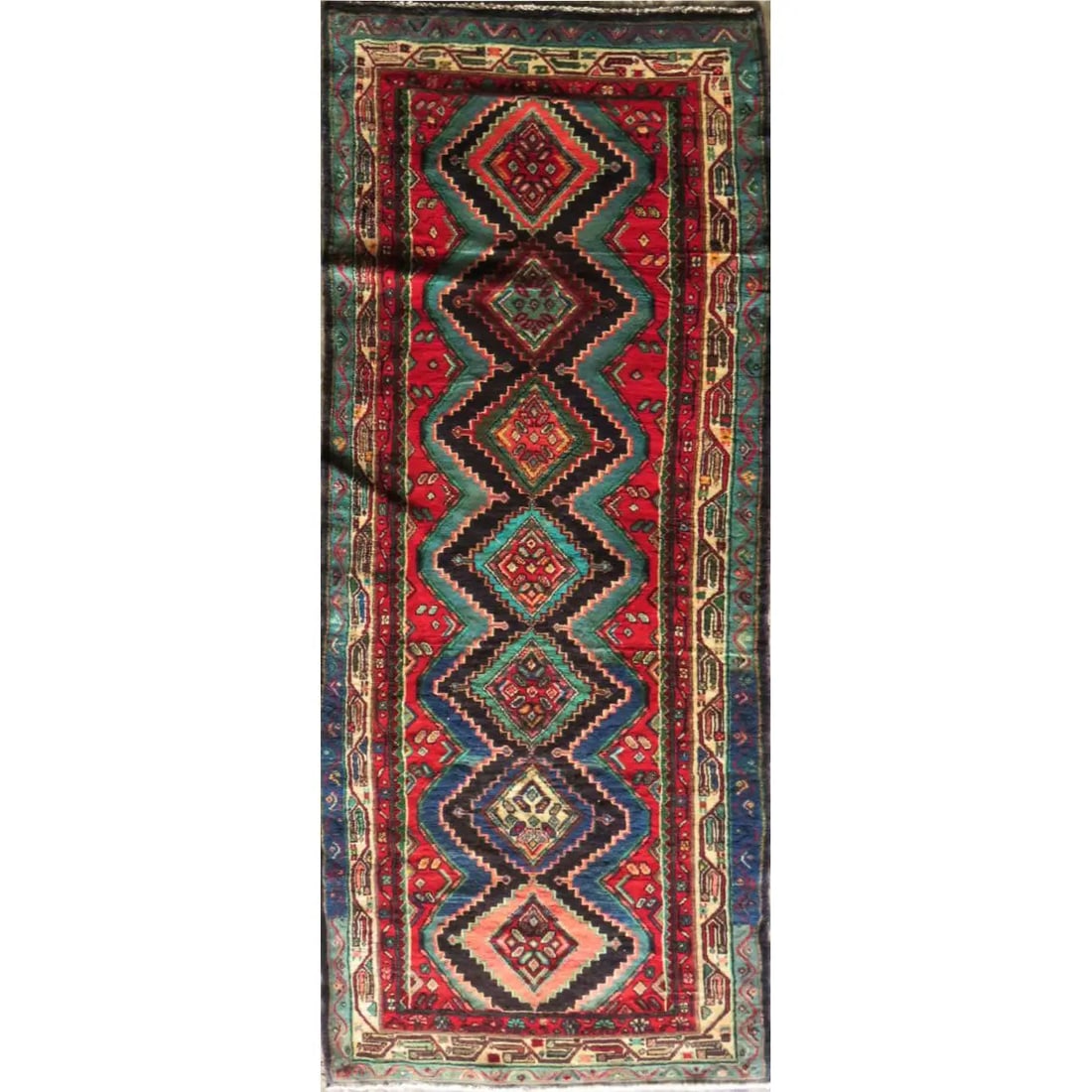 One Of The Kind Hand-Knotted Persian Wool Rug _ Luxurious Vintage Design, 8'8" x 3'3", Artisan: Hand-Knotted Persian Wool Rug _ Luxurious Vintage Design, 8'8" x 3'3", Artisan Crafted, Authentic hand-knotted traditional antique vintage Persian rugs, in excellent vintage condition with over 60 yea