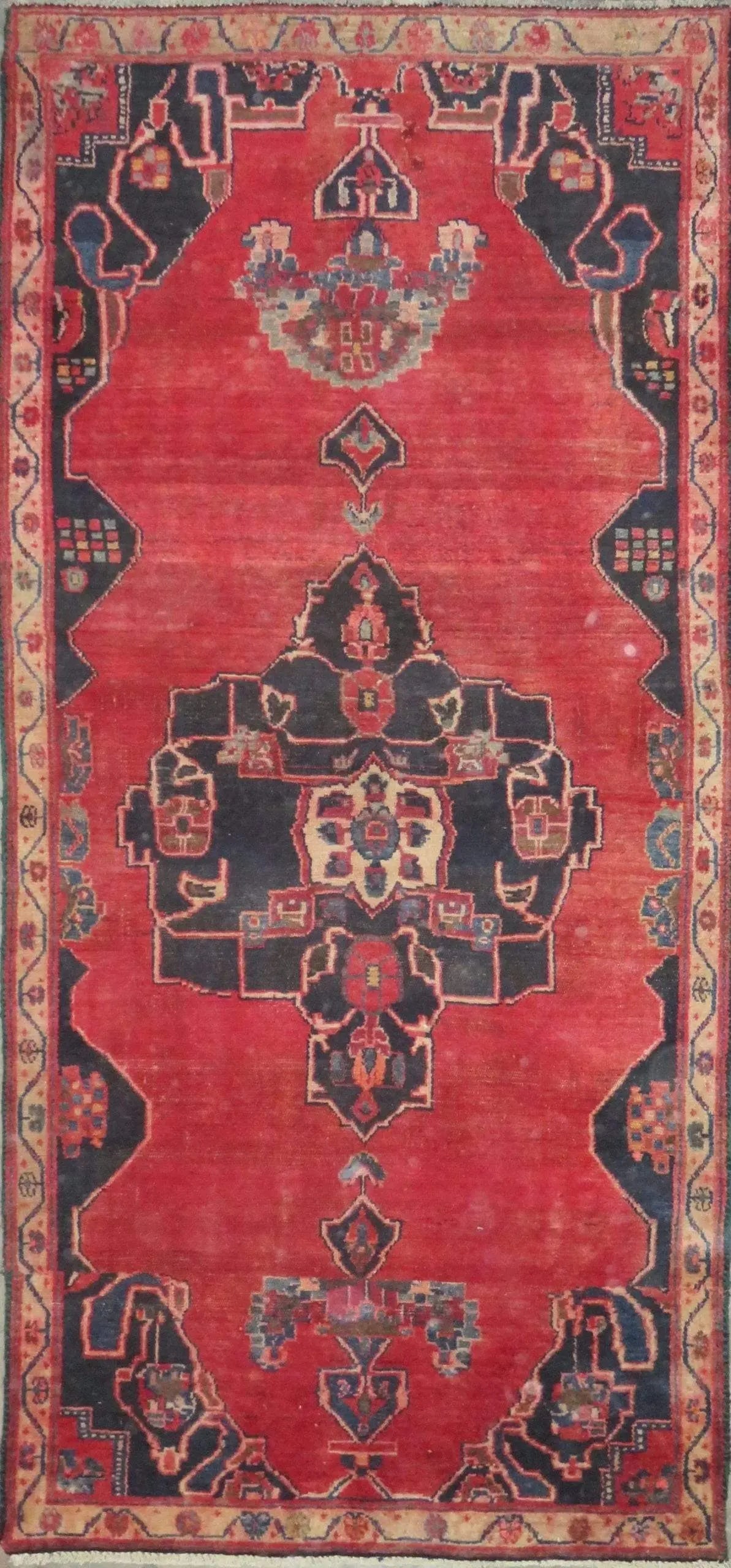 One Of The Kind Hand-Knotted Persian Wool Rug _ Luxurious Vintage Design, 8'3" x 3'7", Artisan: Hand-Knotted Persian Wool Rug _ Luxurious Vintage Design, 8'3" x 3'7", Artisan Crafted, Authentic hand-knotted traditional antique vintage Persian rugs, in excellent vintage condition with over 60 yea