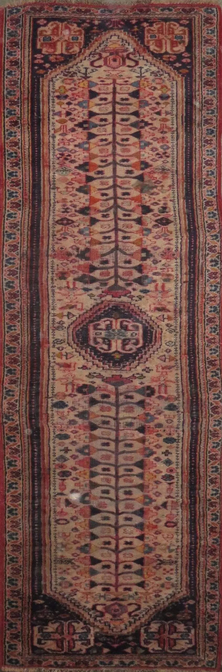 One Of The Kind Hand-Knotted Persian Wool Rug _ Luxurious Vintage Design, 8'10" x 2'8", Artisan: Hand-Knotted Persian Wool Rug _ Luxurious Vintage Design, 8'10" x 2'8", Artisan Crafted, Authentic hand-knotted traditional antique vintage Persian rugs, in excellent vintage condition with over 60 ye