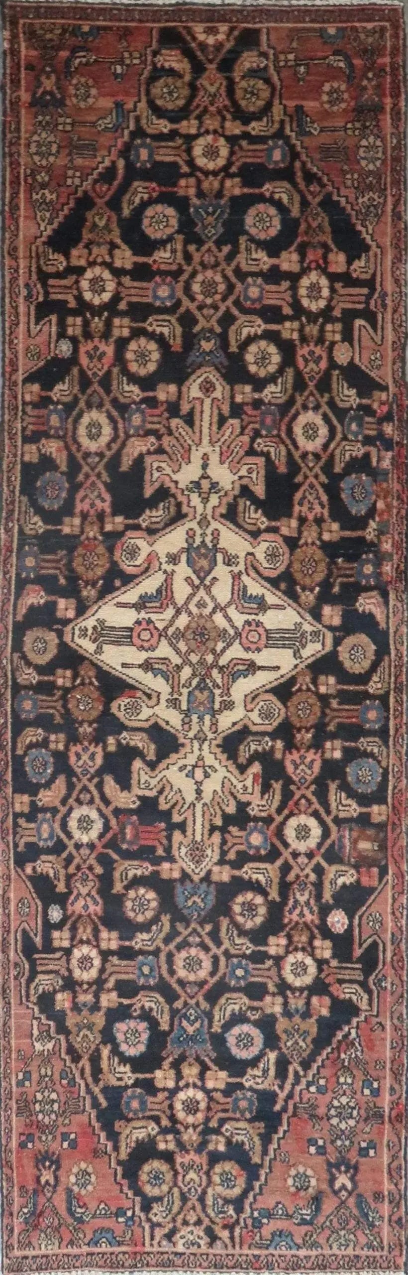 One Of The Kind Hand-Knotted Persian Wool Rug _ Luxurious Vintage Design, 8'10" x 2'6", Artisan: Hand-Knotted Persian Wool Rug _ Luxurious Vintage Design, 8'10" x 2'6", Artisan Crafted, Authentic hand-knotted traditional antique vintage Persian rugs, in excellent vintage condition with over 60 ye