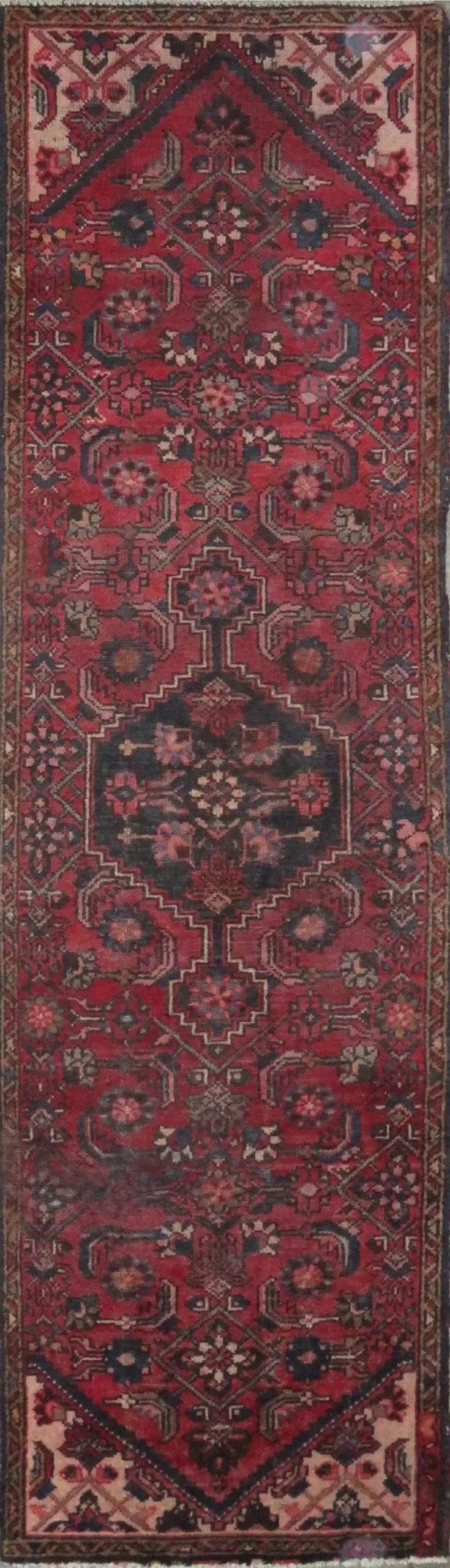 One Of The Kind Hand-Knotted Persian Wool Rug _ Luxurious Vintage Design, 8'10" x 2'5", Artisan: Hand-Knotted Persian Wool Rug _ Luxurious Vintage Design, 8'10" x 2'5", Artisan Crafted, Authentic hand-knotted traditional antique vintage Persian rugs, in excellent vintage condition with over 60 ye