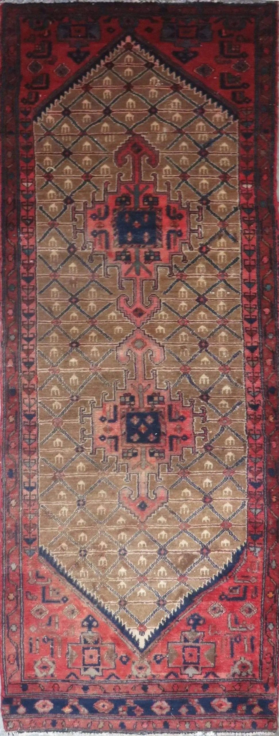 One Of The Kind Hand-Knotted Persian Wool Rug _ Luxurious Vintage Design, 7'9" x 2'8", Artisan: Hand-Knotted Persian Wool Rug _ Luxurious Vintage Design, 7'9" x 2'8", Artisan Crafted, Authentic hand-knotted traditional antique vintage Persian rugs, in excellent vintage condition with over 60 yea