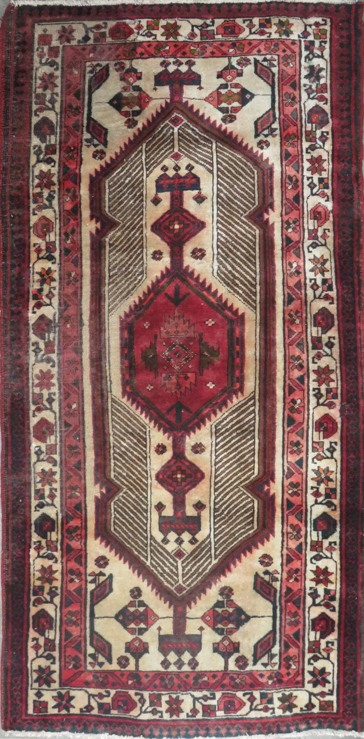 One Of The Kind Hand-Knotted Persian Wool Rug _ Luxurious Vintage Design, 7'6" x 3'7", Artisan: Hand-Knotted Persian Wool Rug _ Luxurious Vintage Design, 7'6" x 3'7", Artisan Crafted, Authentic hand-knotted traditional antique vintage Persian rugs, in excellent vintage condition with over 60 yea