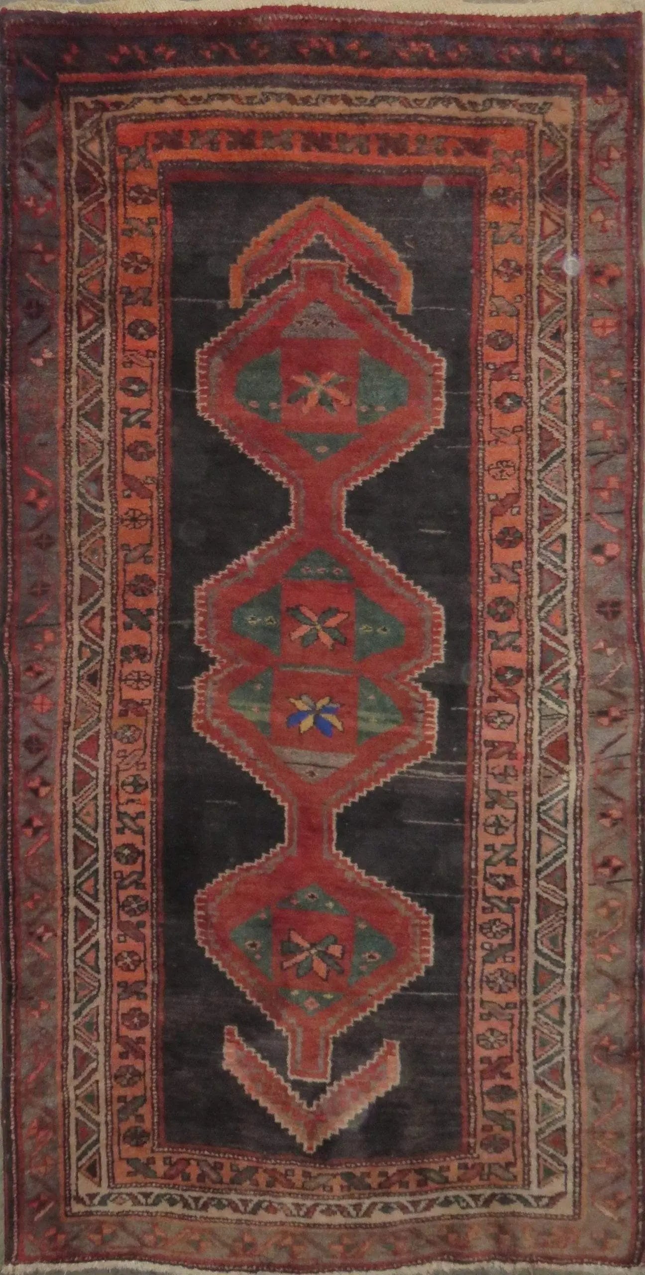One Of The Kind Hand-Knotted Persian Wool Rug _ Luxurious Vintage Design, 7'5" x 3'7", Artisan: Hand-Knotted Persian Wool Rug _ Luxurious Vintage Design, 7'5" x 3'7", Artisan Crafted, Authentic hand-knotted traditional antique vintage Persian rugs, in excellent vintage condition with over 60 yea