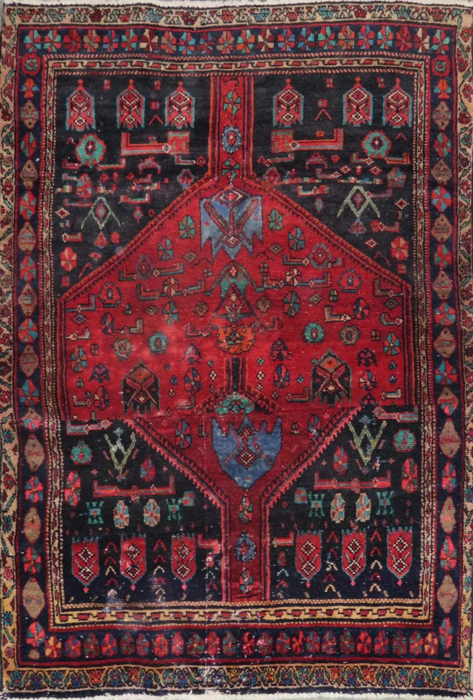 One Of The Kind Hand-Knotted Persian Wool Rug _ Luxurious Vintage Design, 6'0" x 4'2", Artisan: Hand-Knotted Persian Wool Rug _ Luxurious Vintage Design, 6'0" x 4'2", Artisan Crafted, Authentic hand-knotted traditional antique vintage Persian rugs, in excellent vintage condition with over 60 yea