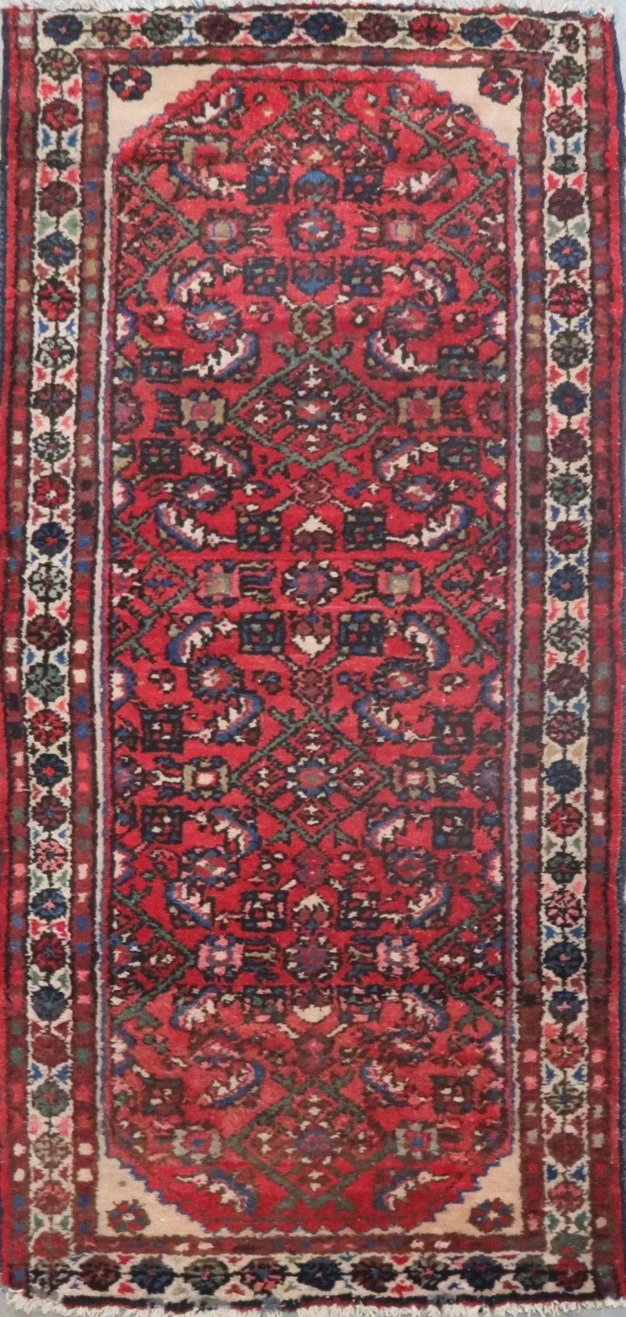 One Of The Kind Hand-Knotted Persian Wool Rug _ Luxurious Vintage Design, 5'5" x 2'6", Artisan: Hand-Knotted Persian Wool Rug _ Luxurious Vintage Design, 5'5" x 2'6", Artisan Crafted, Authentic hand-knotted traditional antique vintage Persian rugs, in excellent vintage condition with over 60 yea