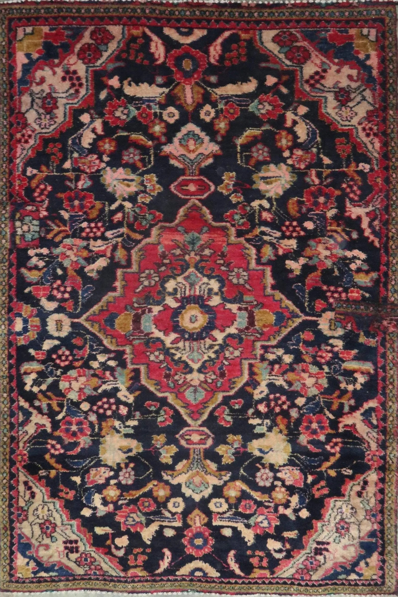 One Of The Kind Hand-Knotted Persian Wool Rug _ Luxurious Vintage Design, 5'10" x 4'1", Artisan: Hand-Knotted Persian Wool Rug _ Luxurious Vintage Design, 5'10" x 4'1", Artisan Crafted, Authentic hand-knotted traditional antique vintage Persian rugs, in excellent vintage condition with over 60 ye
