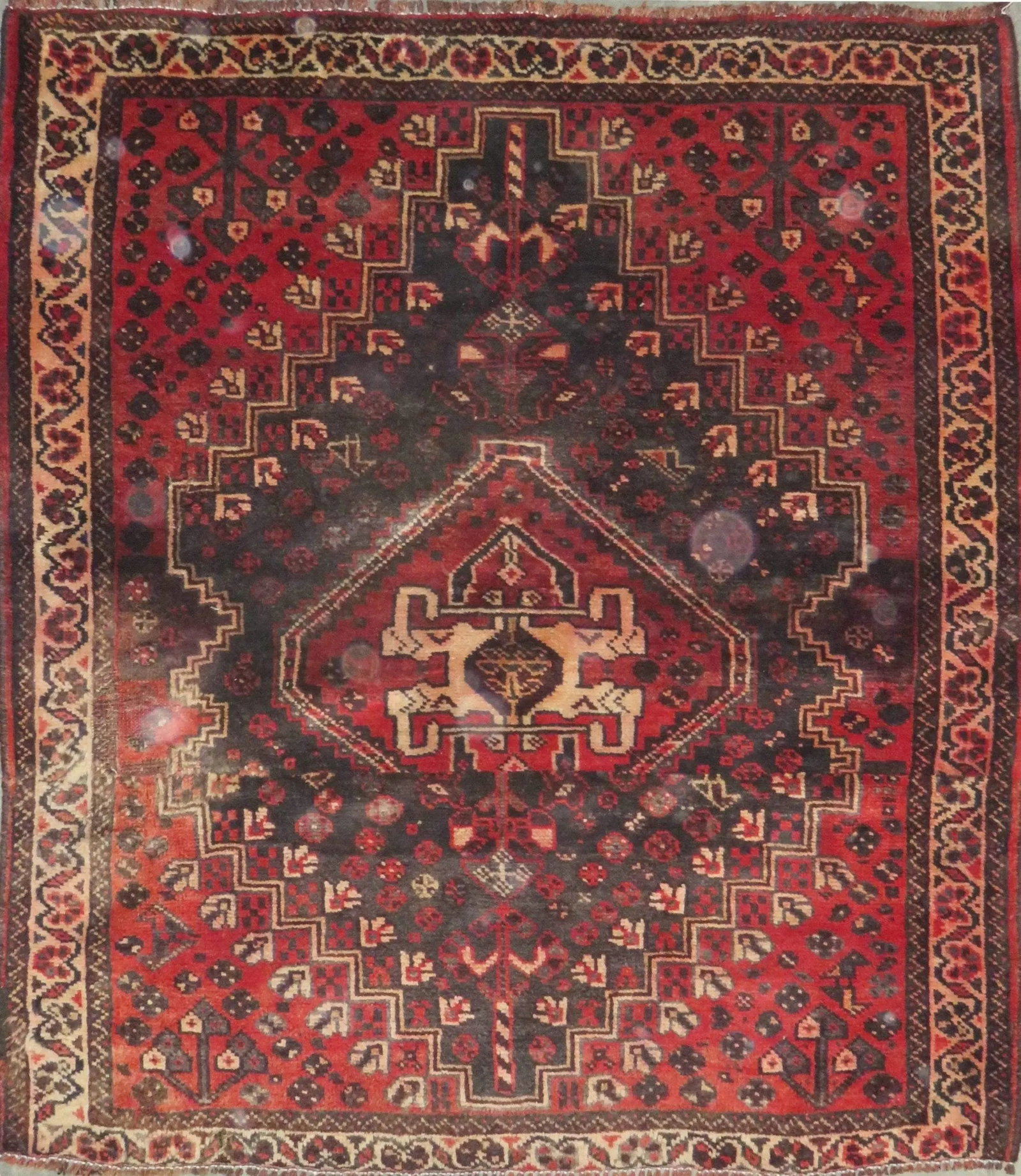 One Of The Kind Hand-Knotted Persian Wool Rug _ Luxurious Vintage Design, 4'9" x 4'1", Artisan: Hand-Knotted Persian Wool Rug _ Luxurious Vintage Design, 4'9" x 4'1", Artisan Crafted, Authentic hand-knotted traditional antique vintage Persian rugs, in excellent vintage condition with over 60 yea
