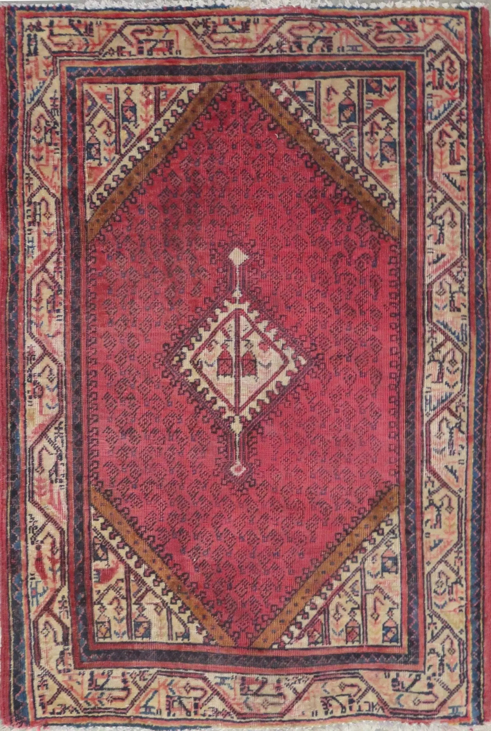 One Of The Kind Hand-Knotted Persian Wool Rug _ Luxurious Vintage Design, 4'9" x 3'4", Artisan: Hand-Knotted Persian Wool Rug _ Luxurious Vintage Design, 4'9" x 3'4", Artisan Crafted, Authentic hand-knotted traditional antique vintage Persian rugs, in excellent vintage condition with over 60 yea