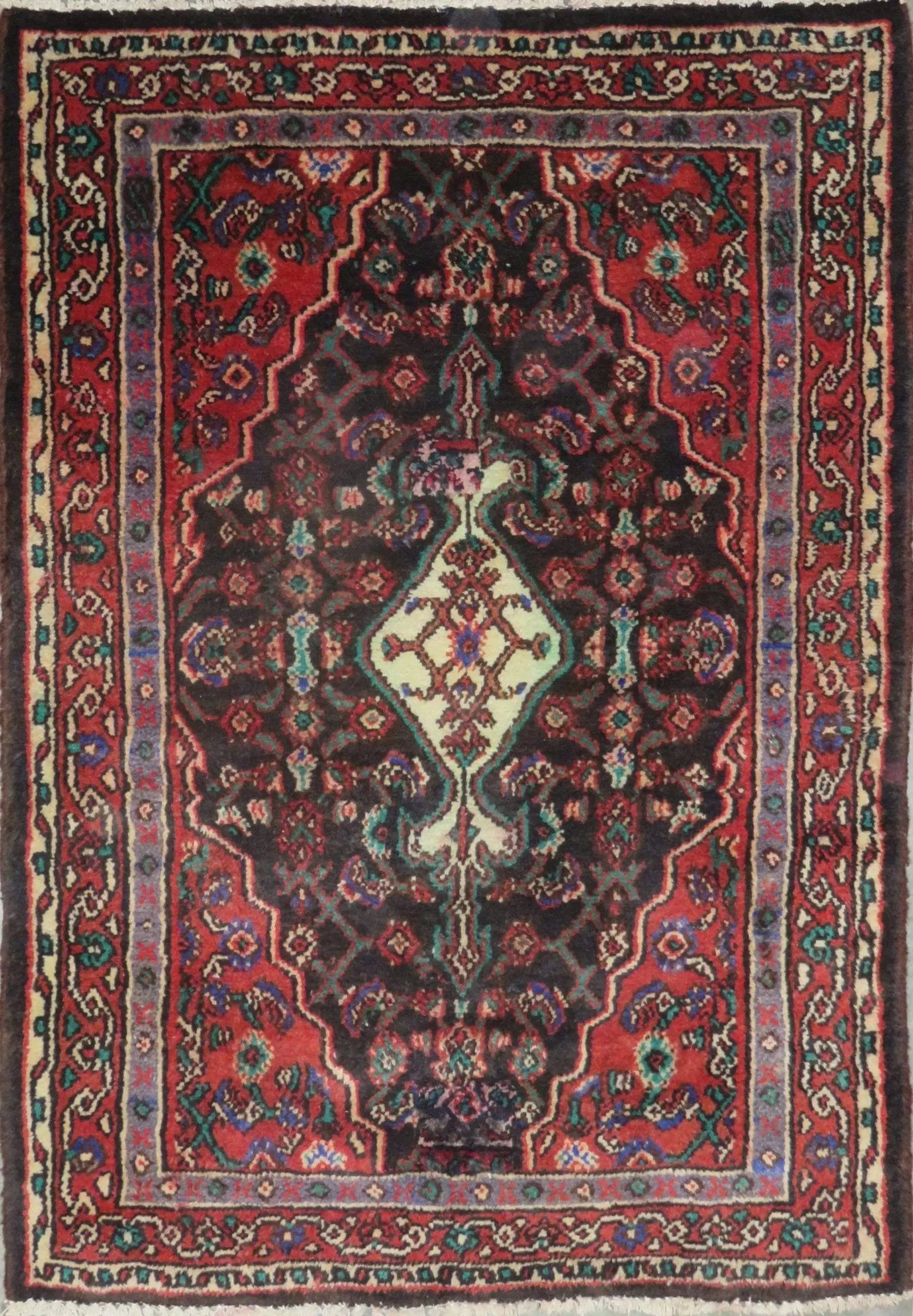 One Of The Kind Hand-Knotted Persian Wool Rug _ Luxurious Vintage Design, 4'9" x 3'3", Artisan: Hand-Knotted Persian Wool Rug _ Luxurious Vintage Design, 4'9" x 3'3", Artisan Crafted, Authentic hand-knotted traditional antique vintage Persian rugs, in excellent vintage condition with over 60 yea