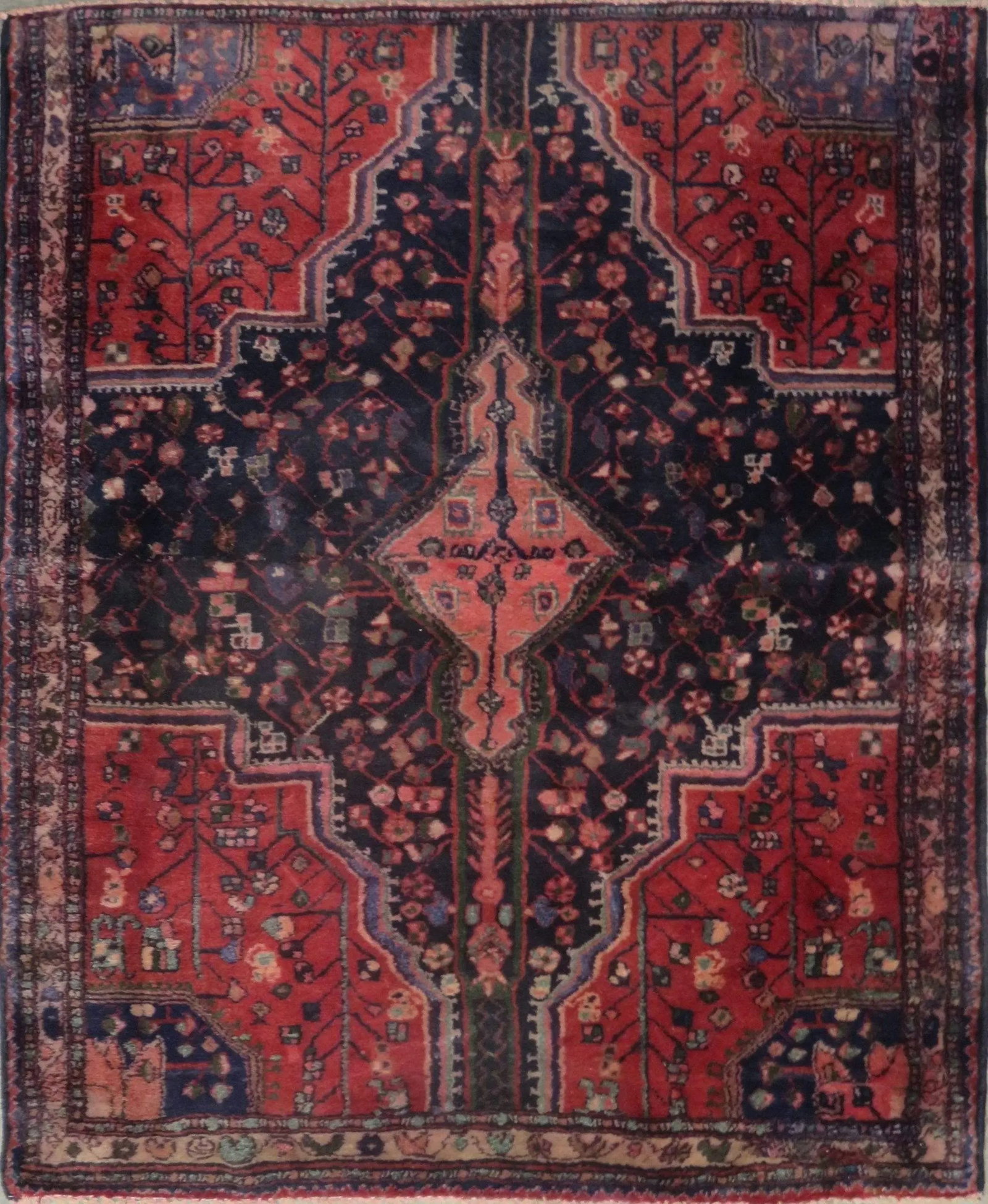 One Of The Kind Hand-Knotted Persian Wool Rug _ Luxurious Vintage Design, 4'7" x 4'0", Artisan: Hand-Knotted Persian Wool Rug _ Luxurious Vintage Design, 4'7" x 4'0", Artisan Crafted, Authentic hand-knotted traditional antique vintage Persian rugs, in excellent vintage condition with over 60 yea