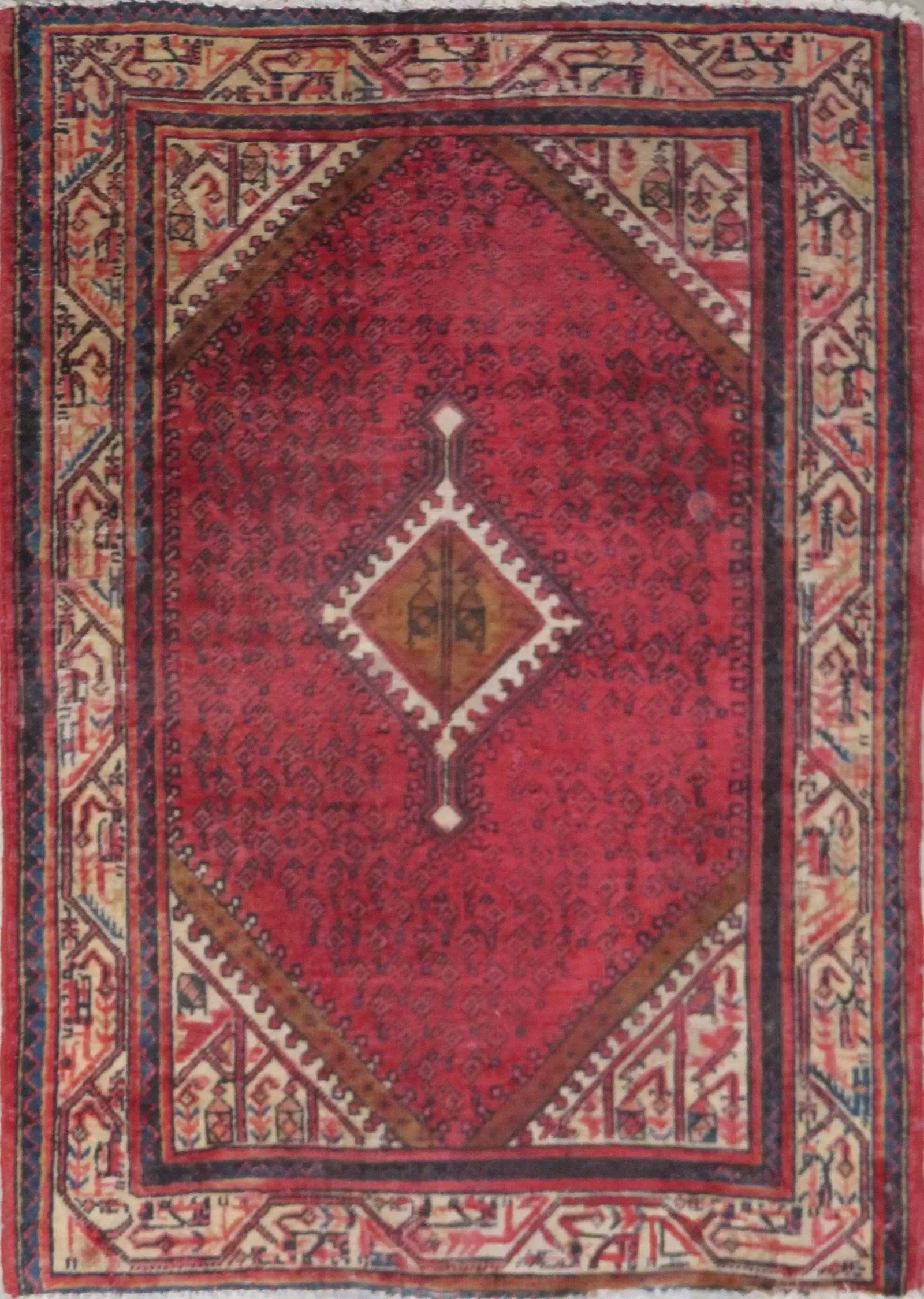 One Of The Kind Hand-Knotted Persian Wool Rug _ Luxurious Vintage Design, 4'7" x 3'3", Artisan: Hand-Knotted Persian Wool Rug _ Luxurious Vintage Design, 4'7" x 3'3", Artisan Crafted, Authentic hand-knotted traditional antique vintage Persian rugs, in excellent vintage condition with over 60 yea