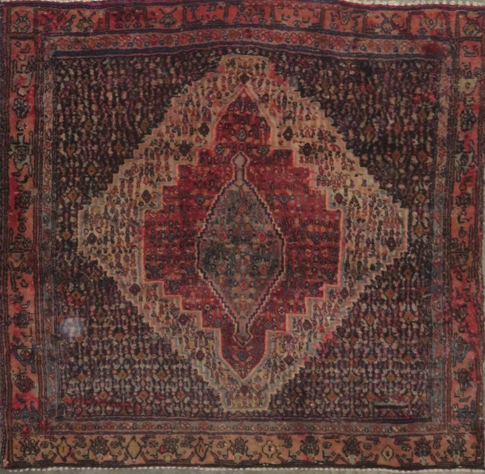 One Of The Kind Hand-Knotted Persian Wool Rug _ Luxurious Vintage Design, 3'9" x 3'7", Artisan: Hand-Knotted Persian Wool Rug _ Luxurious Vintage Design, 3'9" x 3'7", Artisan Crafted, Authentic hand-knotted traditional antique vintage Persian rugs, in excellent vintage condition with over 60 yea
