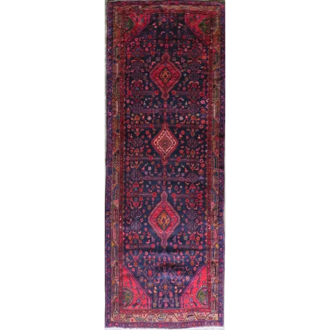 One Of The Kind Hand-Knotted Persian Wool Rug _ Luxurious Vintage Design, 11'2" x 3'7", Artisan: Hand-Knotted Persian Wool Rug _ Luxurious Vintage Design, 11'2" x 3'7", Artisan Crafted, Authentic hand-knotted traditional antique vintage Persian rugs, in excellent vintage condition with over 60 ye