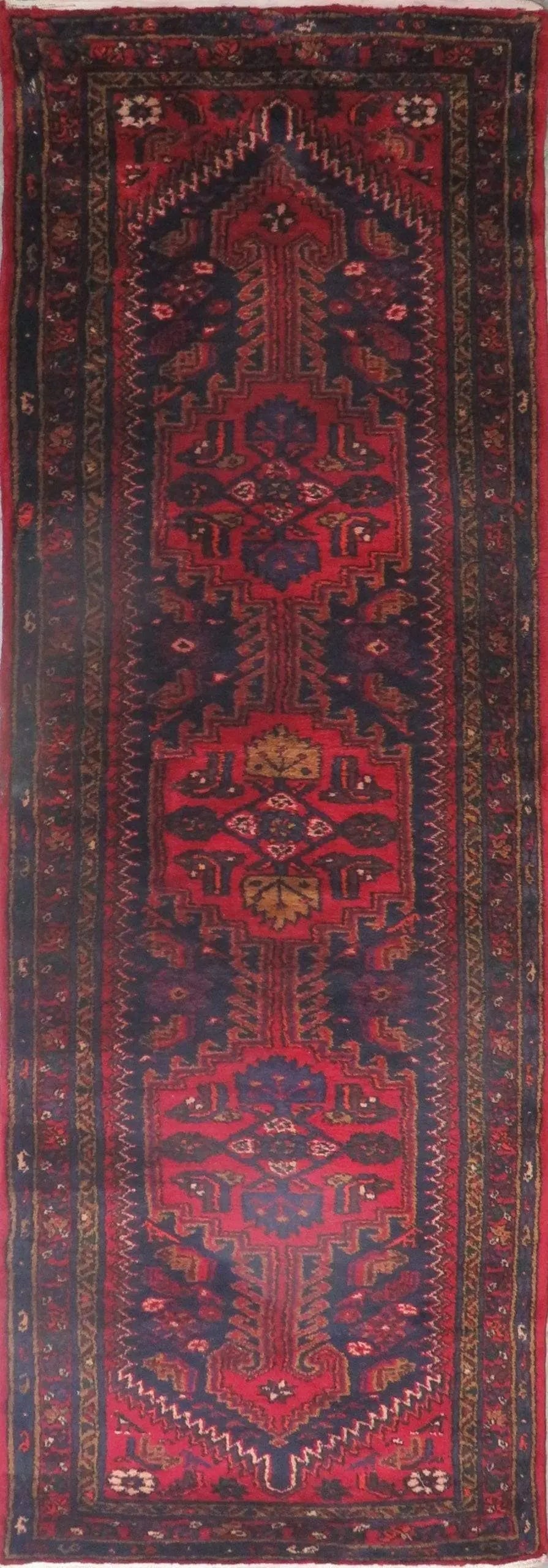 One Of The Kind Hand-Knotted Persian Wool Rug _ Luxurious Vintage Design, 10'7" x 3'4", Artisan: Hand-Knotted Persian Wool Rug _ Luxurious Vintage Design, 10'7" x 3'4", Artisan Crafted, Authentic hand-knotted traditional antique vintage Persian rugs, in excellent vintage condition with over 60 ye