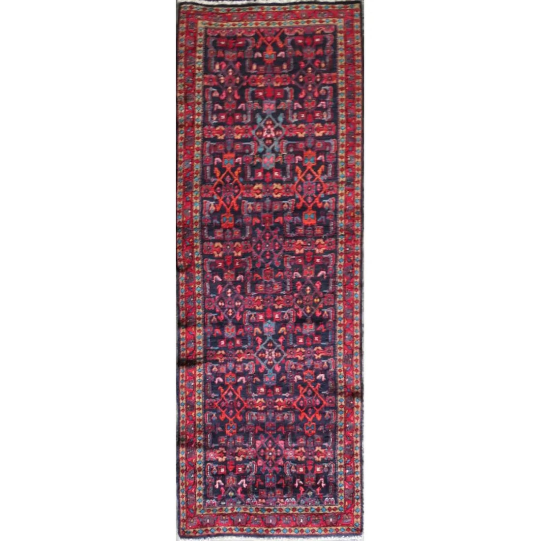 One Of The Kind Hand-Knotted Persian Wool Rug _ Luxurious Vintage Design, 10'10" x 3'3", Artisan: Hand-Knotted Persian Wool Rug _ Luxurious Vintage Design, 10'10" x 3'3", Artisan Crafted, Authentic hand-knotted traditional antique vintage Persian rugs, in excellent vintage condition with over 60 y