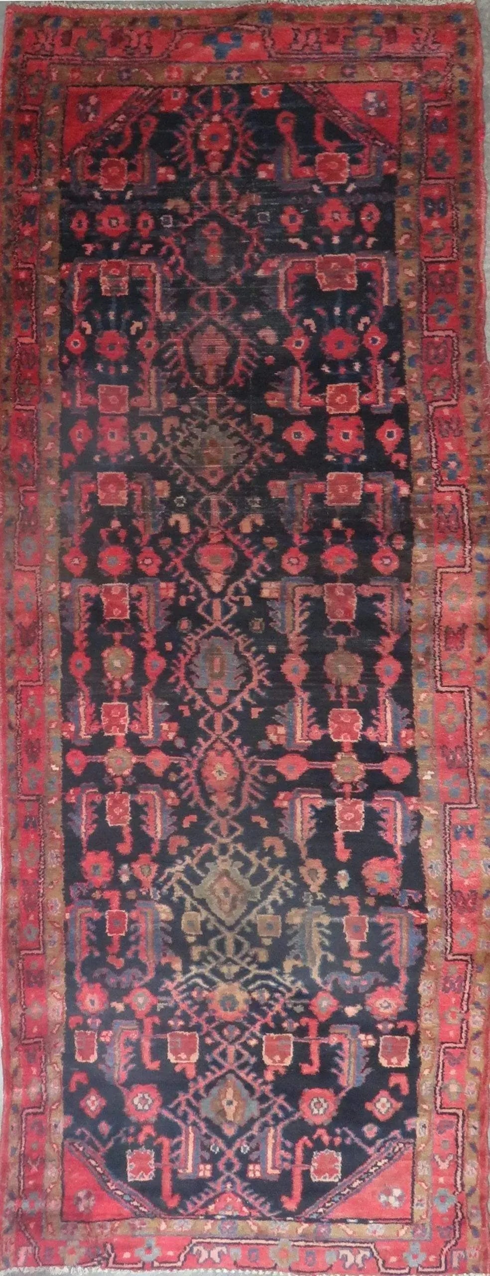 One Of The Kind Hand-Knotted Persian Wool Rug _ Luxurious Vintage Design, 10'10" x 3'3", Artisan: Hand-Knotted Persian Wool Rug _ Luxurious Vintage Design, 10'10" x 3'3", Artisan Crafted, Authentic hand-knotted traditional antique vintage Persian rugs, in excellent vintage condition with over 60 y
