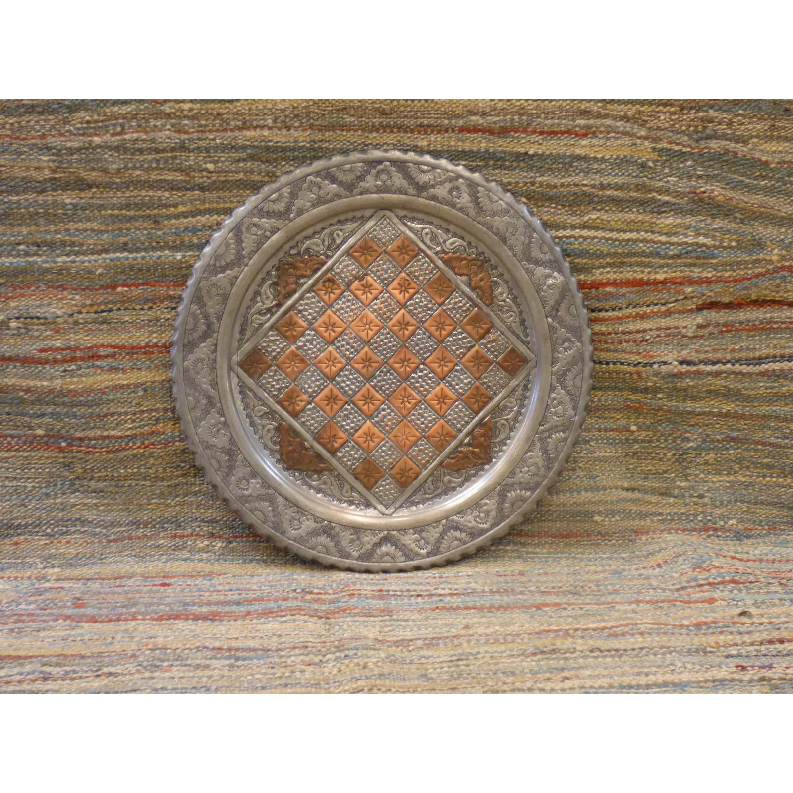 Authentic Art Antique Persian Engraved Round Checker Plate Ghalamzani 20" Round X 20" Round (1 of 1)