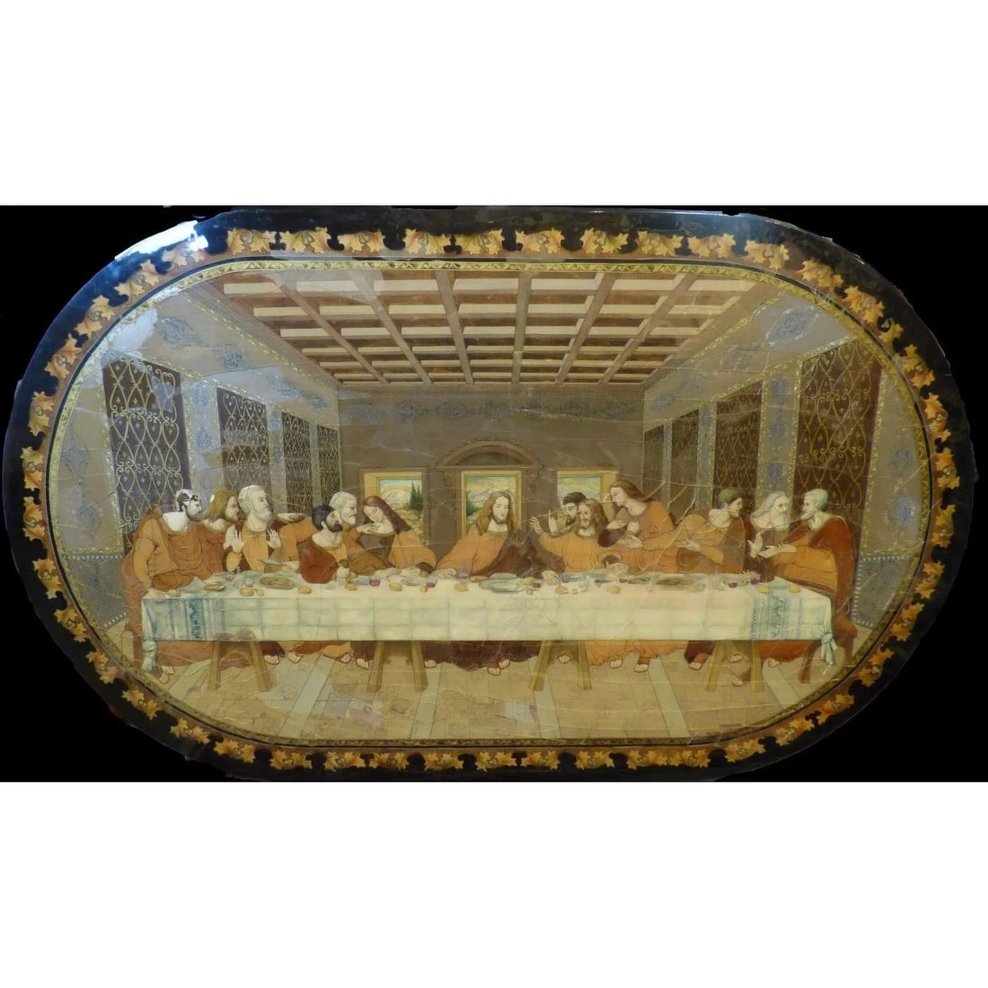 Antique Persian Marquetry Moaragh Fine Art Hand Made Last Supper Decoration 8' 0" X 61" Abcp-268 (1 of 1)
