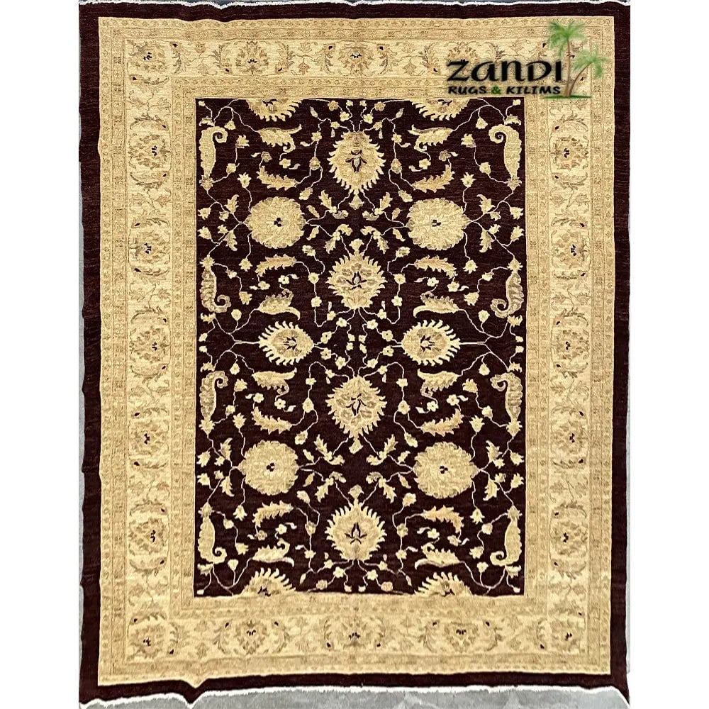 Hand Knotted One Of The Kind Peshawar And Khotan Rug 8'8" x 12'3" Pes_Kho_23: ABC Rugs Kilims Collection Hand Knotted Afghani Oushak Design Rug Size 8'8''X12'3'' (Rr10142) (Abcmp1261) (Red, Cream, Brown) Hand knotted and meticulously crafted by Afghan artisans, this stunning Af