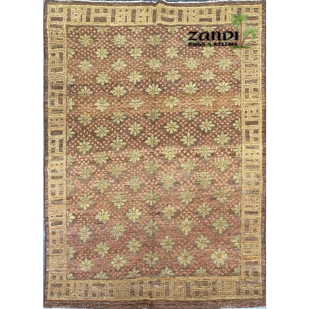 Hand Knotted One Of The Kind Peshawar And Khotan Rug 5'4" x 8'10" Pes_Kho_38: ABC Rugs Kilims Collection Hand Knotted Afghani Khotan Design Rug Size 5'4''X8'10'' (Rr10309) (Z_100) (Brown, Green) Hand knotted and meticulously crafted by Afghan artisans, this stunning Afghani Rug