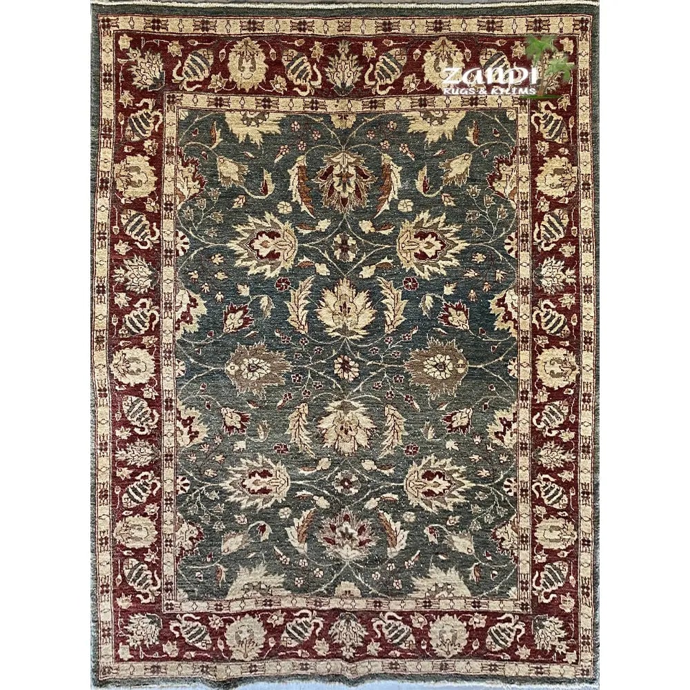 Hand Knotted One Of The Kind Peshawar And Khotan Rug 6'6" x 7'5" Pes_Kho_48: ABC Rugs Kilims Collection Hand Knotted Pakistani Oushak Design Rug Size 6'6''X7'5'' (Rr11554) (Z_3310) (Green, Red) Hand knotted and meticulously crafted by Pakistan artisans, this stunning Pakistan 